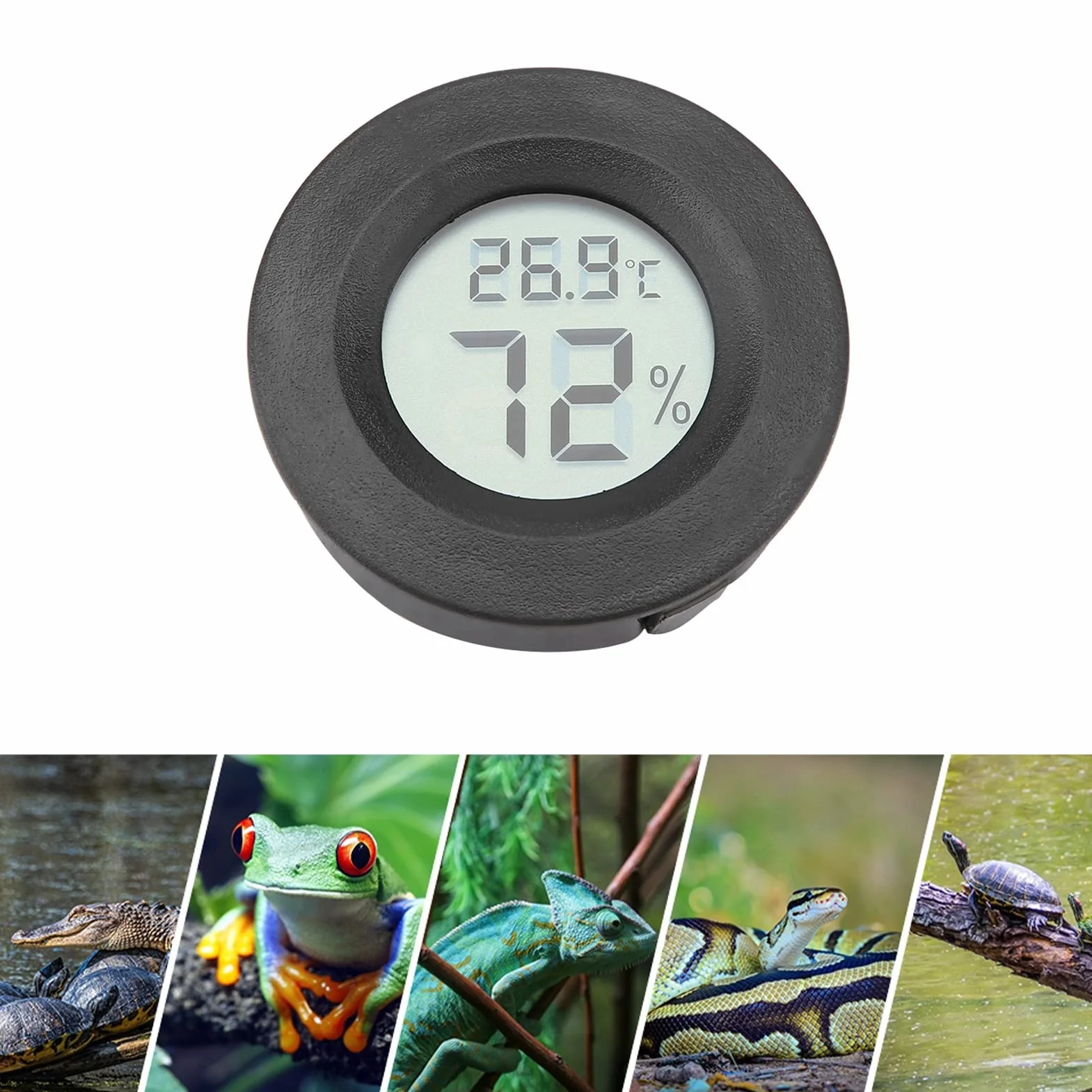 Cyfrowy mini termometr LCD z higrometrem Terrarium Okrągły miernik wilgotności dla gadów czarny