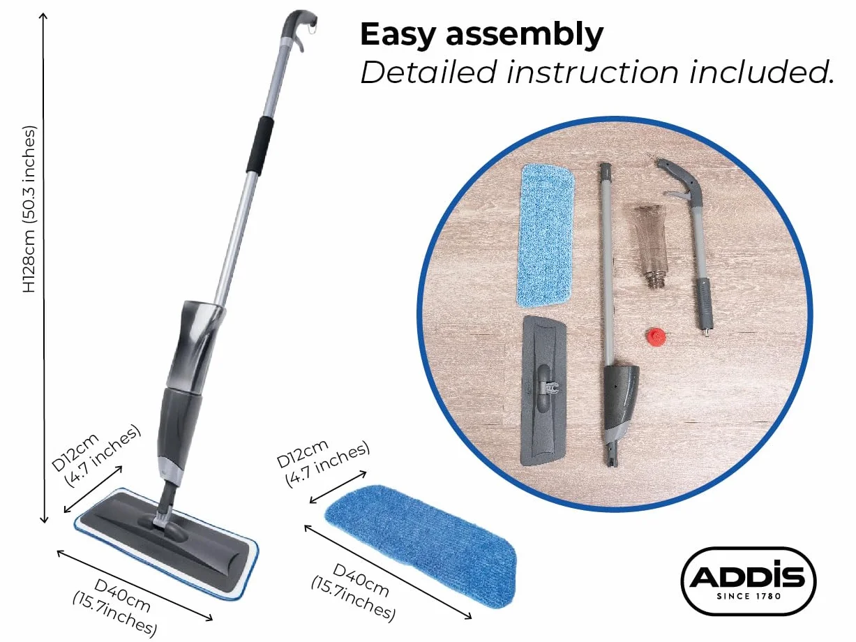 Addis Mop natryskowy 2 w 1 z płaskim mopem z mikrofibry, 40 x 12 x 128 cm
