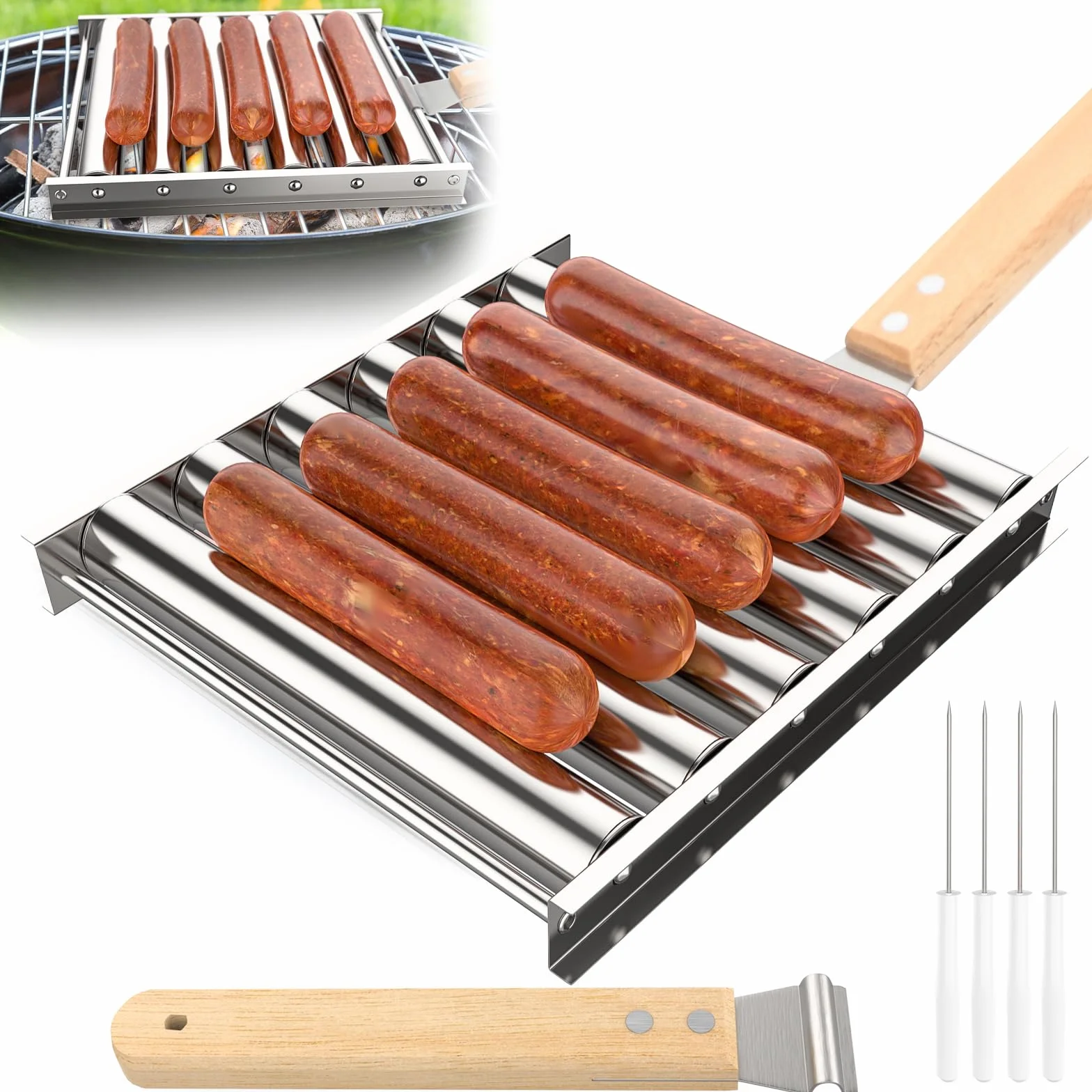 CLOPAE Hulajnoga do grillowania hot dogów, z drewnianym uchwytem, do równomiernego przyrządzania hot dogów