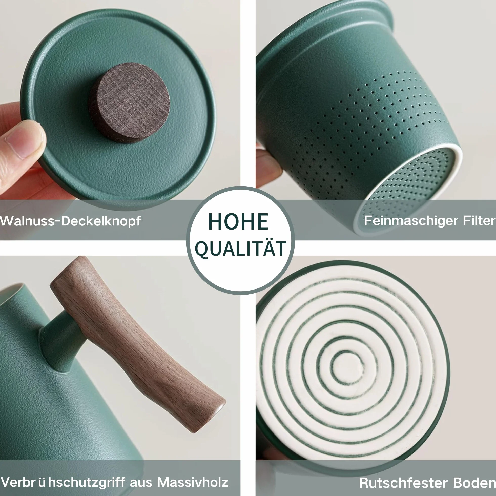 JanYoo Filiżanka do herbaty z pokrywką i sitkiem, 360 ml, uchwyt palisandru, ceramiczny kubek do herbaty, matowy, kamionkowy, glazurowane, do namaczania, zielona