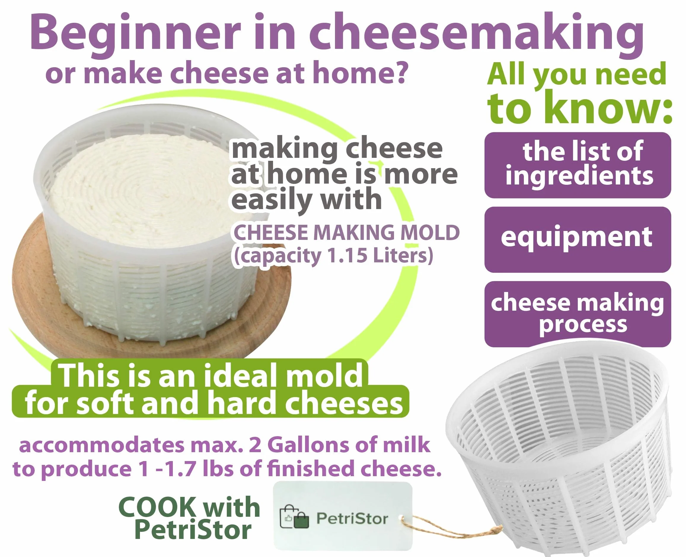 Soft Cheese Mold for Cheese Making 1.25QT - Small Cheese Mold - Homemade Cheese Making Supplies - Cream Form - Molde Para Queso Fresco Casero - Feta Ricotta Basket