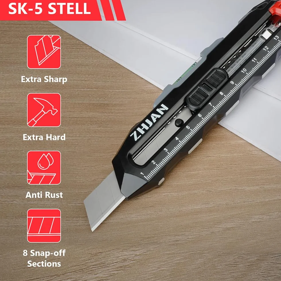 Wysuwany nóż użytkowy z poziomicą i linijką, SK5 Multifu Box Cutter z 10 zapasowymi ostrzami, do mierzenia, cięcia kartonów, kartonów i pudełek