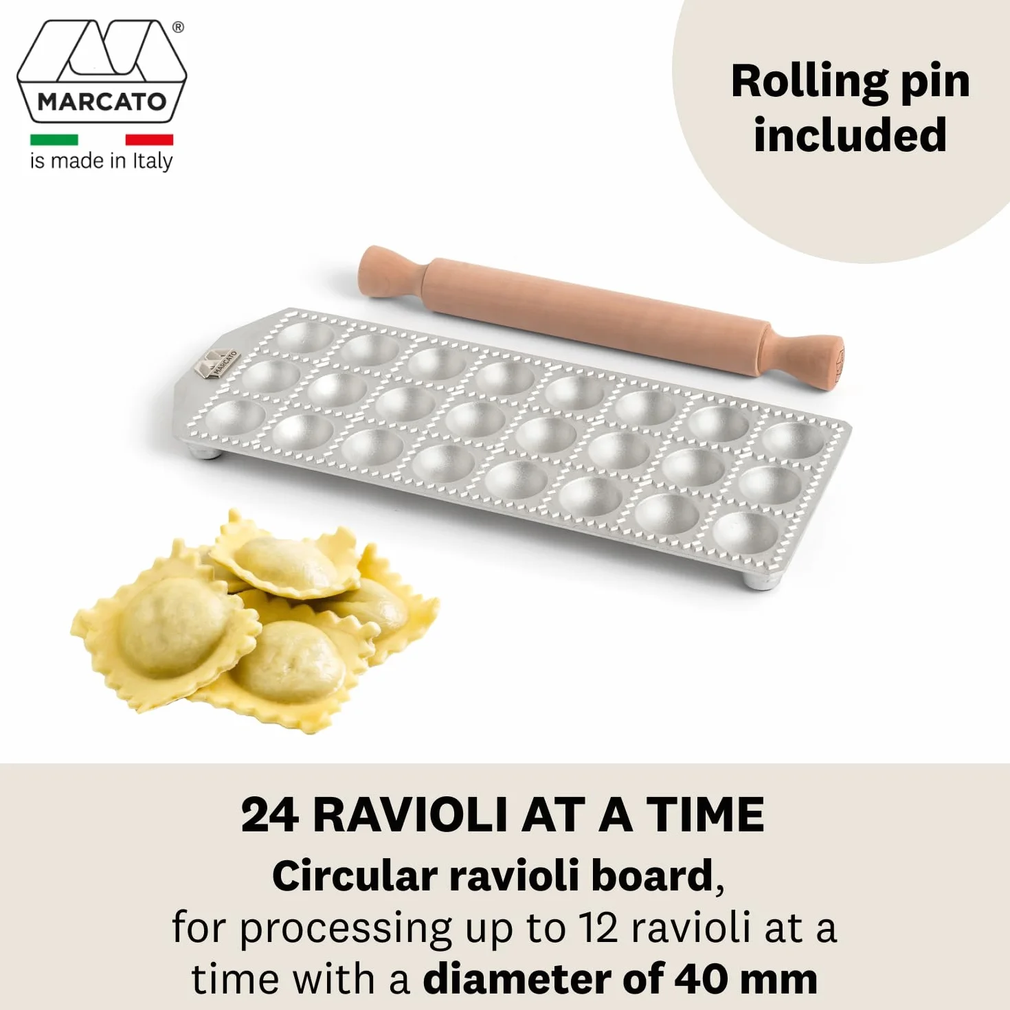 Marcato Ravioli Maker Press, maszyna do ravioli Homemade Ravioli Cutter, szlif okrągły 40 mm, duża pojemność, na 24 ravioli, wyprodukowano we Włoszech