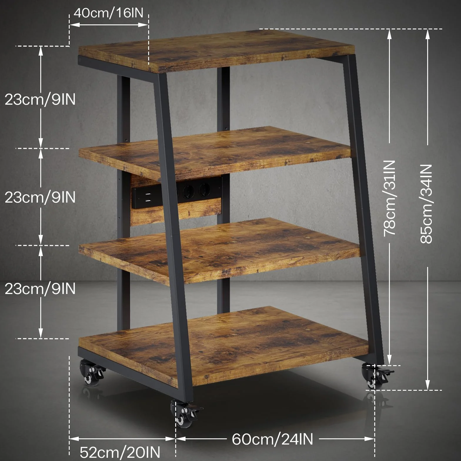 4-poziomowy stojak HiFi | z listwami zasilającymi i regulowaną półką | 4 obrotowe kółka i 2 lampy LED (sterowanie APP) | 60 x 51 x 85 cm stół na gramofon stojak na media regał HiFi z drewna i stali