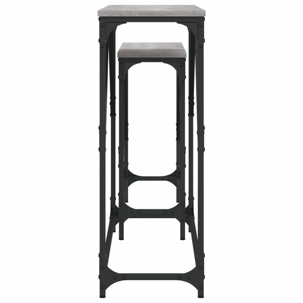 Stoły konsolowe, zestaw 2 sztuk, szary materiał drewnopochodny Sonoma, metalowa rama, szerokość 100/80 cm, stoliki pomocnicze do salonu, korytarza, przedpokoju, zajmują mało miejsca