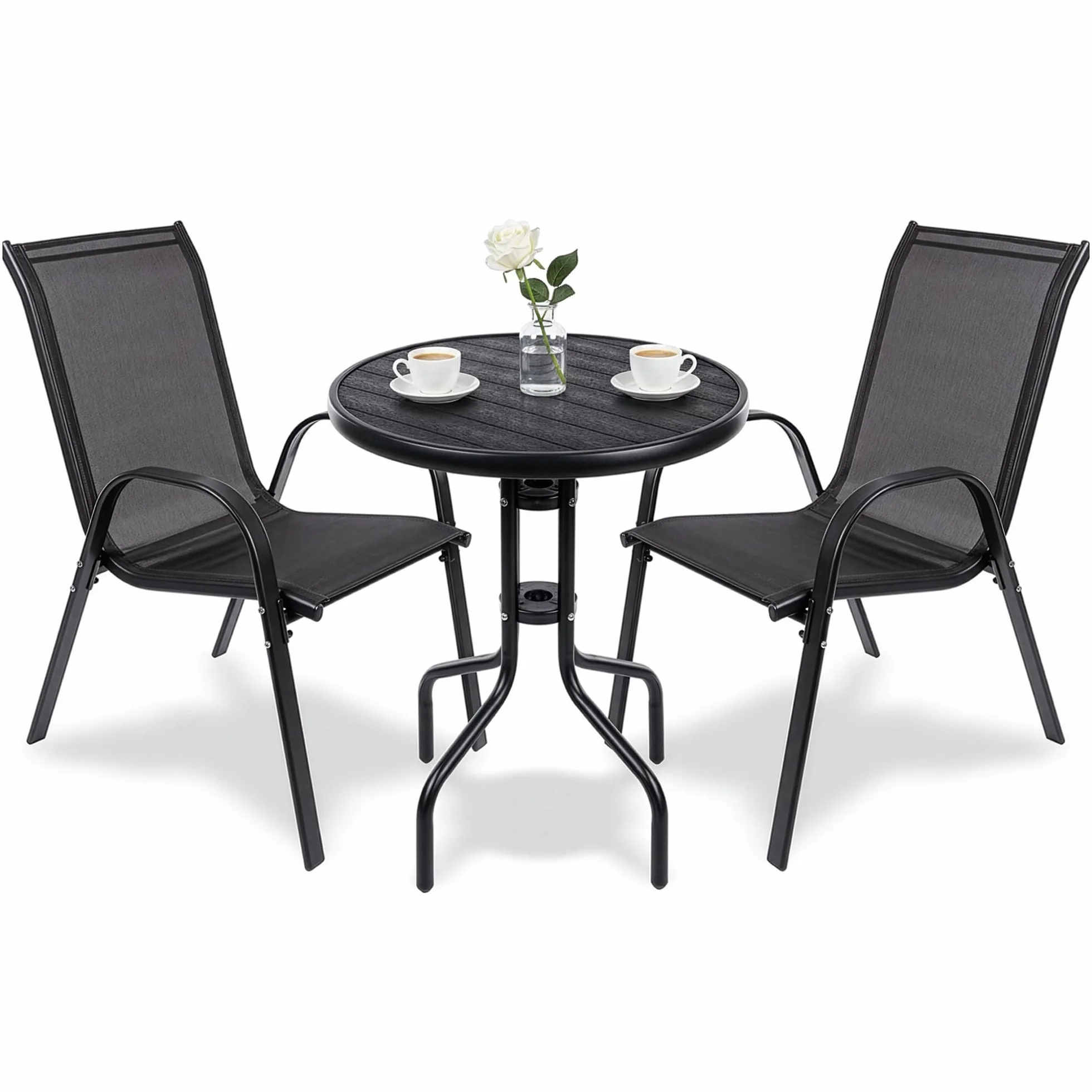 Zestaw Ogrodowy Balkonowy CA1045 – Okrągły Stolik i 2 Krzesła Ciemnoszare – Kompaktowy Design – Do Balkonu, Tarasu, Ogrodu – Wysokość Stołu 70 cm, Krzesła 90 cm