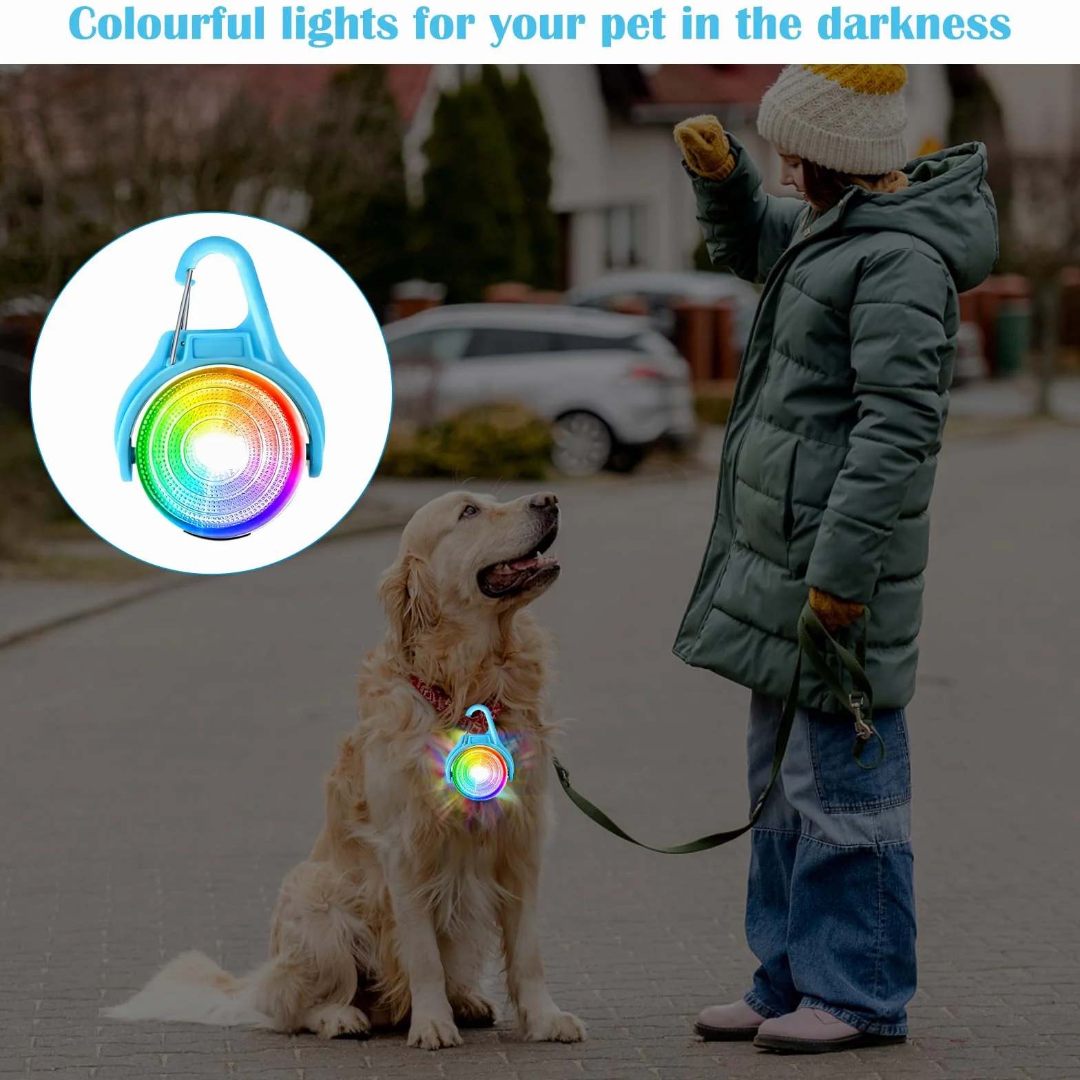 DAWRIS Świecąca zawieszka dla psa z możliwością ładowania (zmiana kolorów RGB i 4 tryby migania), światło dla psa LED, możliwość ponownego ładowania, światło migające LED, tornister, światło