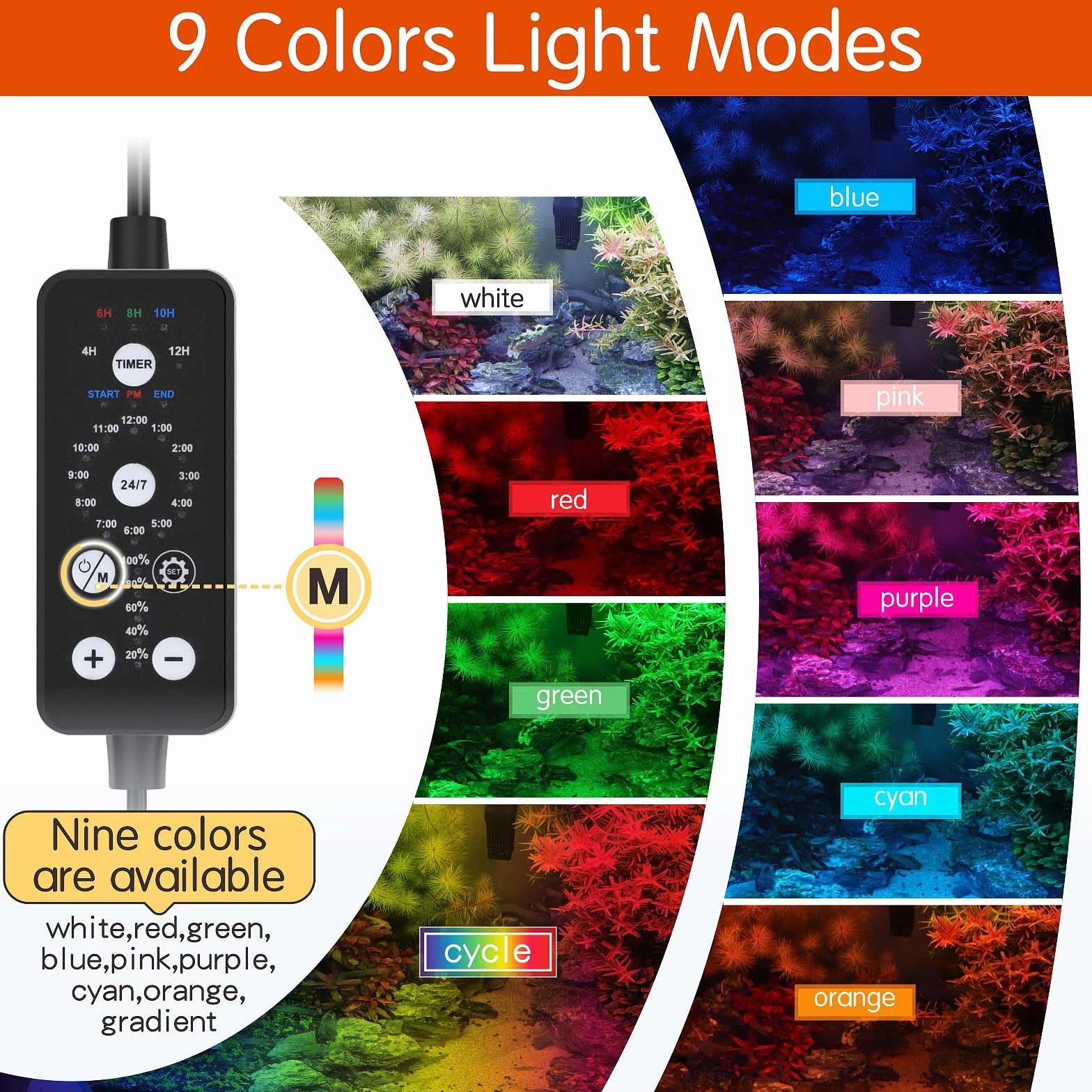 Hygger Zatapialne oświetlenie LED do akwarium 14 W pełne spektrum 24/7 9 kolorów 10 poziomów jasności 41-68 cm