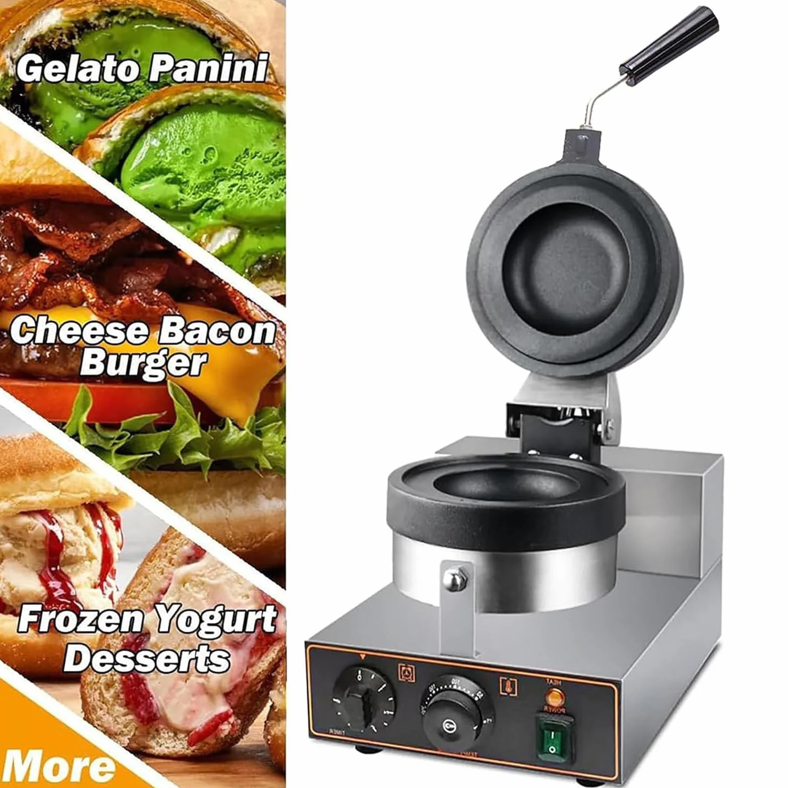 Komercyjny ekspres do hamburgerów 1300 W, nieprzywierająca elektryczna prasa do panini, kontrola temperatury 50-300℃, dwustronne ogrzewanie, 5-minutowy timer Single