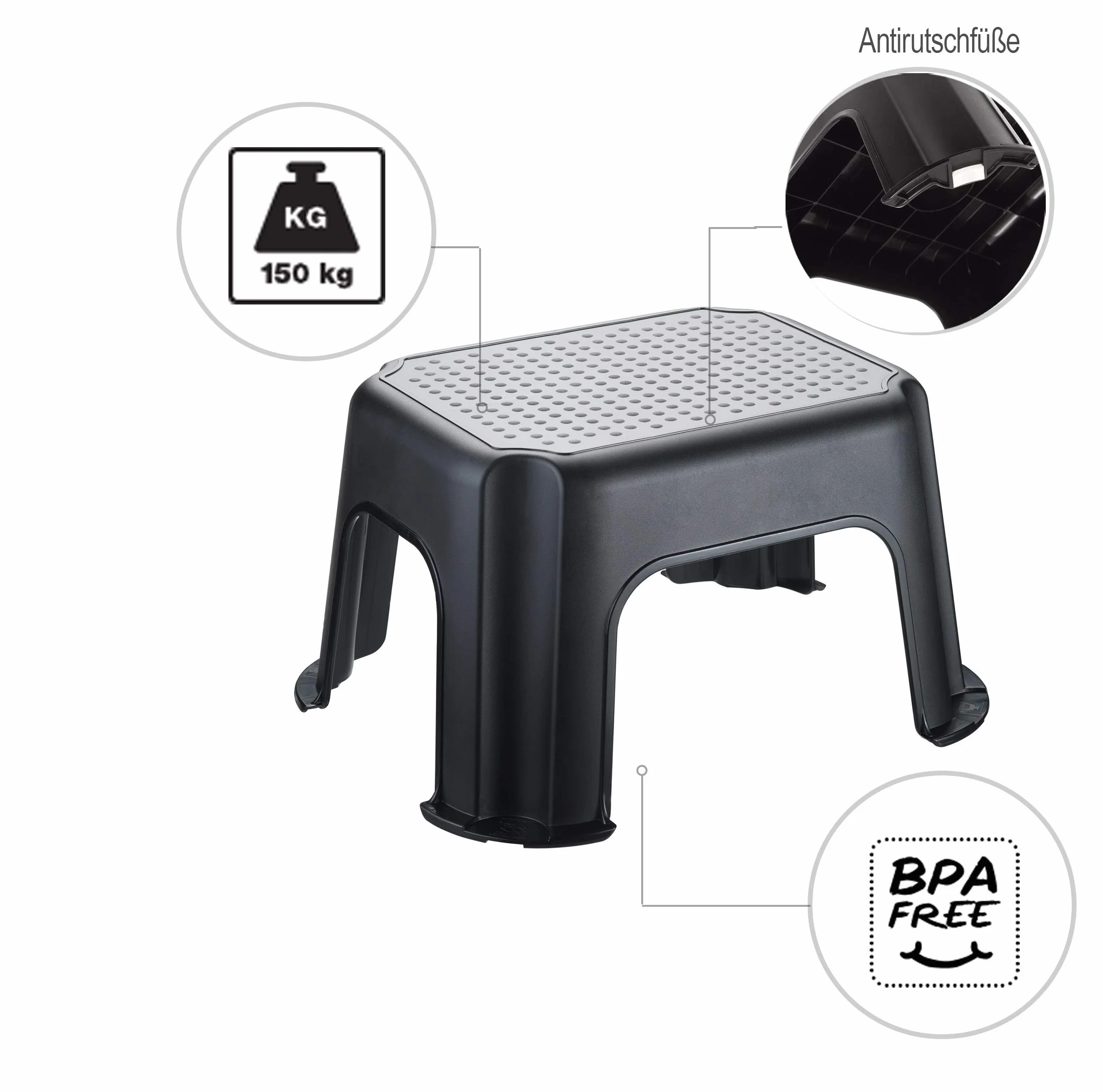 Rotho, Podstawowy stołek schodkowy do 150 kg, tworzywo sztuczne (PP) BPA, czarny/srebrny, 43,1 x 35,8 x 23,8 cm