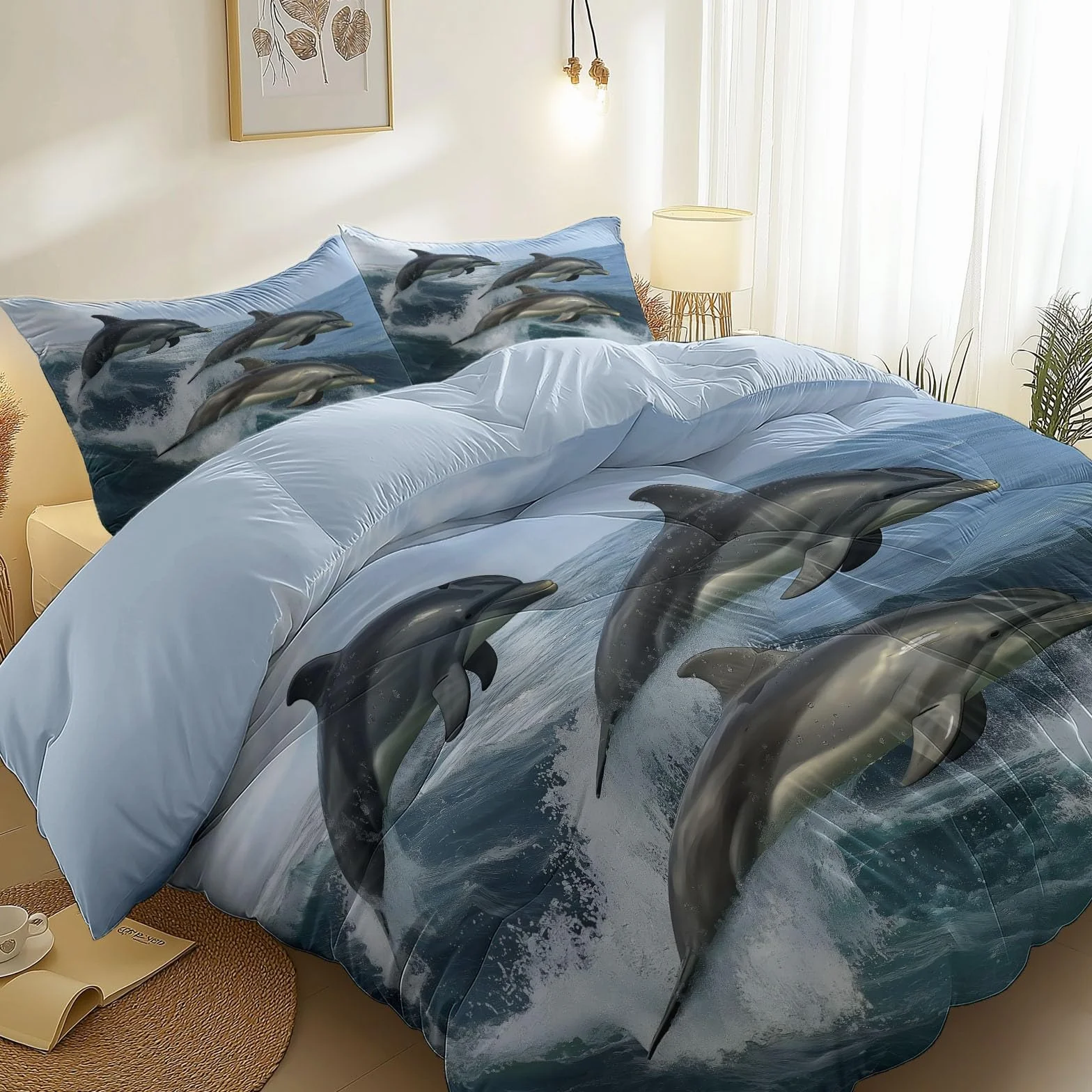 Poszwa na kołdrę ze zwierzęciem Delfin Elegancki nadruk z nadrukiem, jasnoniebieski zestaw pościeli z mikrofibry z 2 poszewkami na poduszki, poszwa na kołdrę 240x260 cm dla dzieci młodzież i dorośli