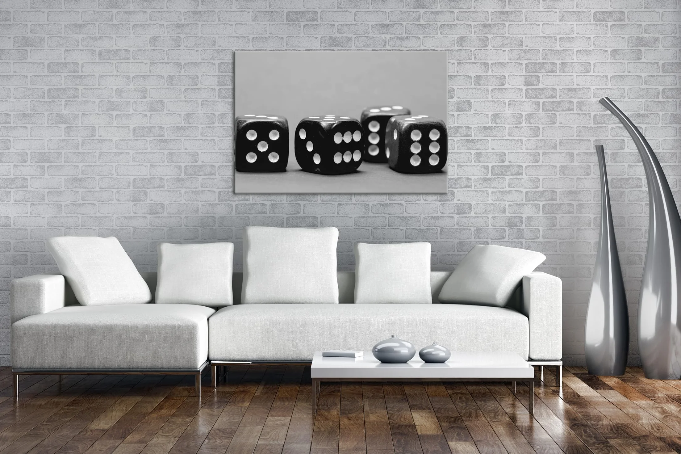 deyoli Kwadratowa kostka do gry, format: 75 x 50 cm, efekt: czarny/biały jako obraz na płótnie, motyw oprawiony na ramie z prawdziwego drewna, wysokiej jakości druk cyfrowy z ramą