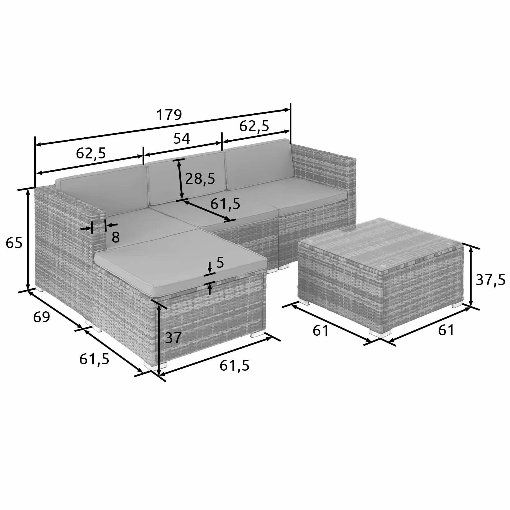 tectake® Zestaw Ogrodowy Rattanowy Lignano, 5 Elementów, UV Odporny Polirattan, Stalowa Konstrukcja, Wodoodporne Pokrowce, Stół ze Szkłem, Na Balkon i do Ogrodu, dla 3-4 Osób (szary)