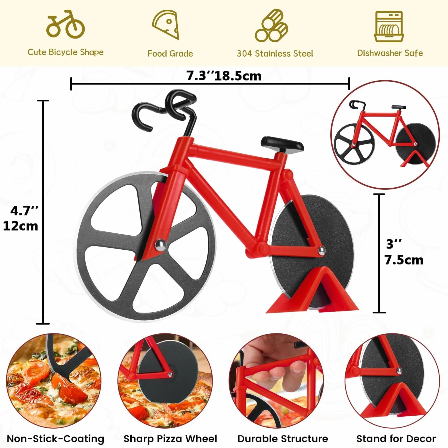 Krajalnice do pizzy, krajalnica do pizzy do roweru, profesjonalne ostrze do pizzy, podwójna stal nierdzewna, super ostre ostrza z powłoką nieprzywierającą, zabawna krótka pizza, czerwony