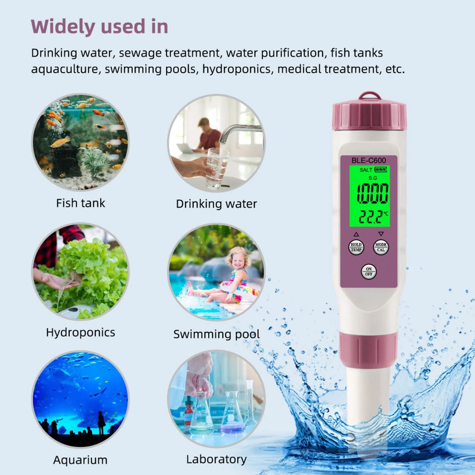 Miernik Cyfrowy BLE C600 i Zestaw do Badania Wody, Długopis do Testowania Jakości Wody, Inteligentny Tester PH Bluetooth z ATC, PH TDS EC ORP SG Miernik Temperatury Zasolenia
