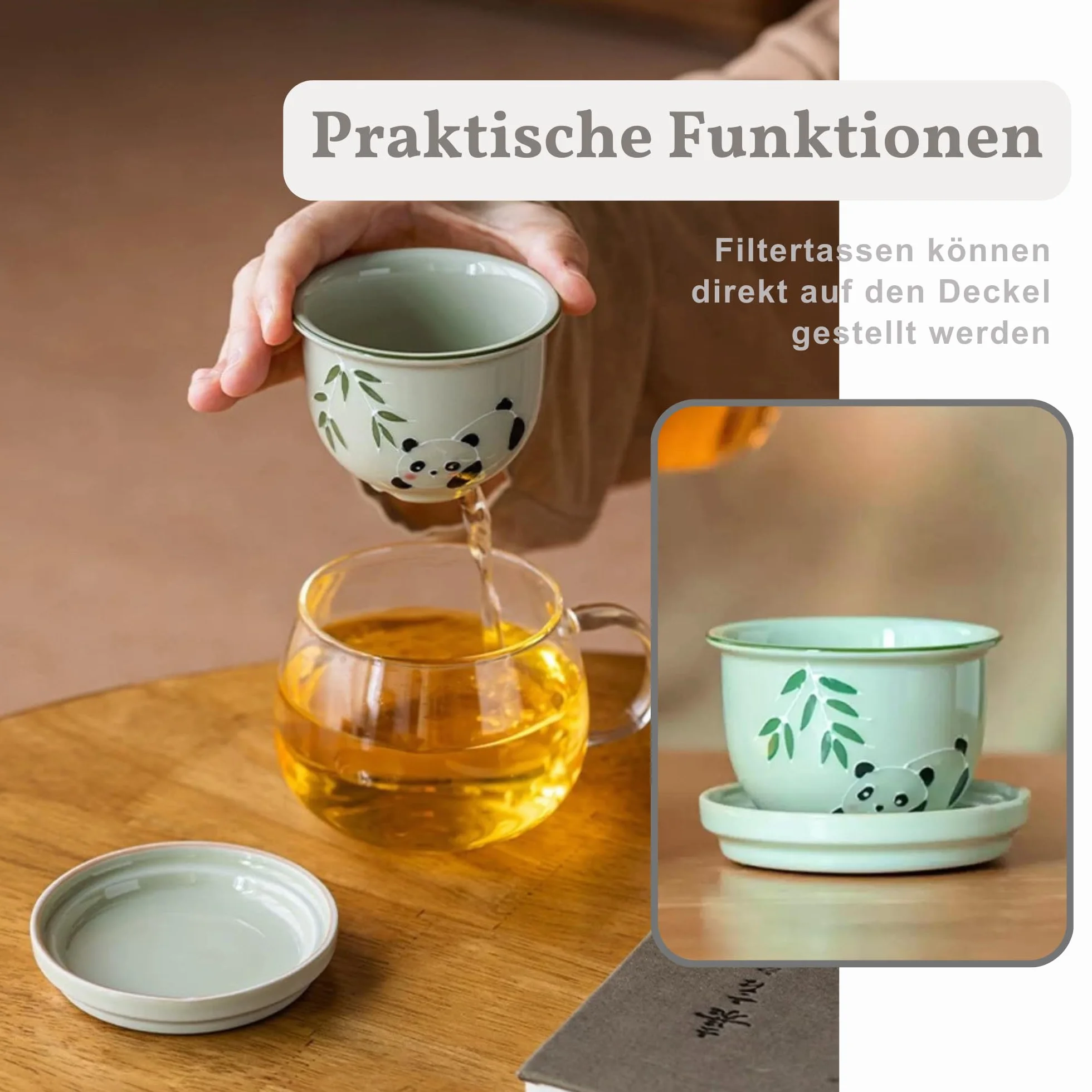 JanYoo Szklana filiżanka do herbaty z pokrywką i sitkiem 250 ml Panda