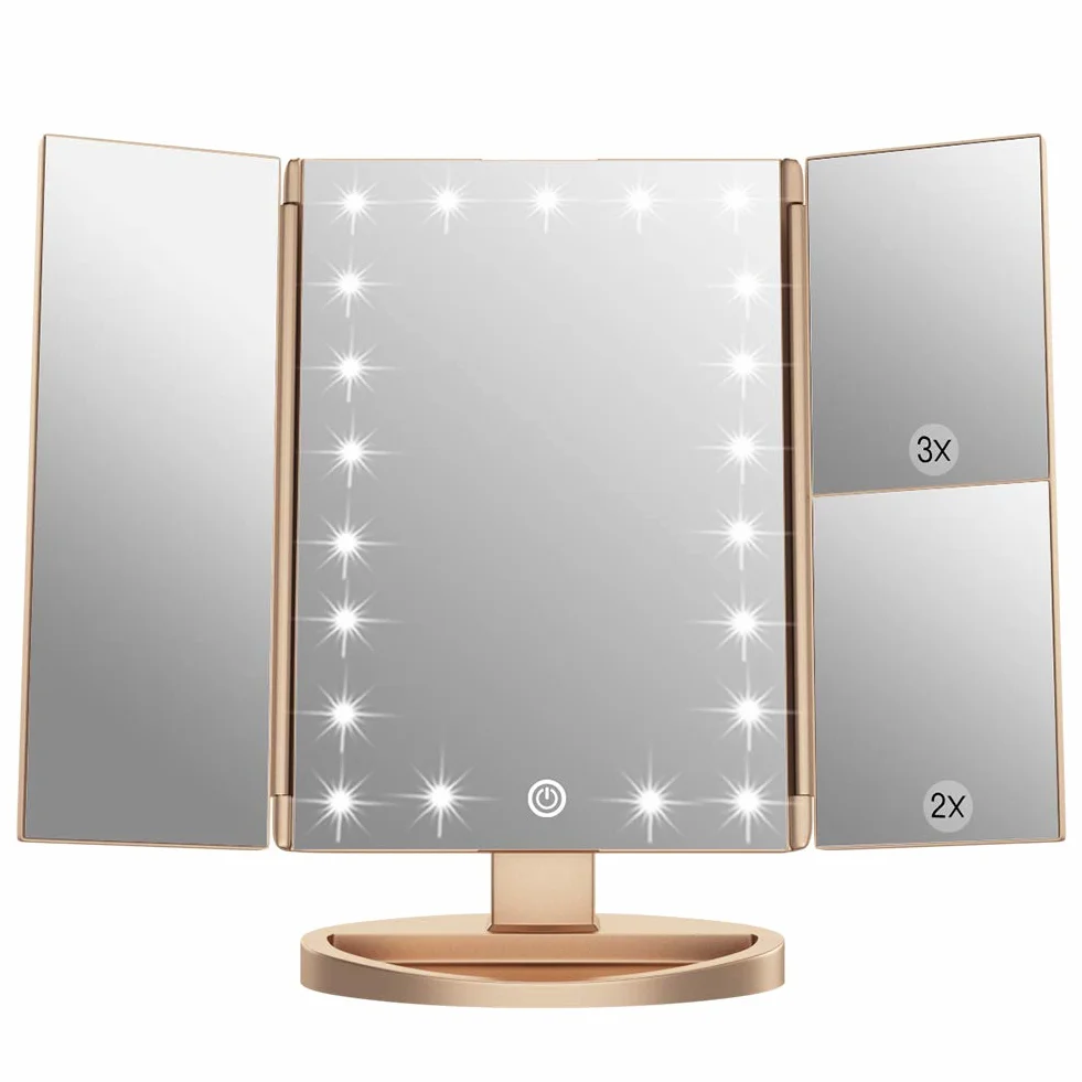 WEILY Lusterko do makijażu z powiększeniem 1x, 2x i 3x, z 21 diodami LED i ekranem dotykowym, regulowane podświetlane trzypanelowe lustro na toaletkę, nablatowe lusterko kosmetyczne (złote)