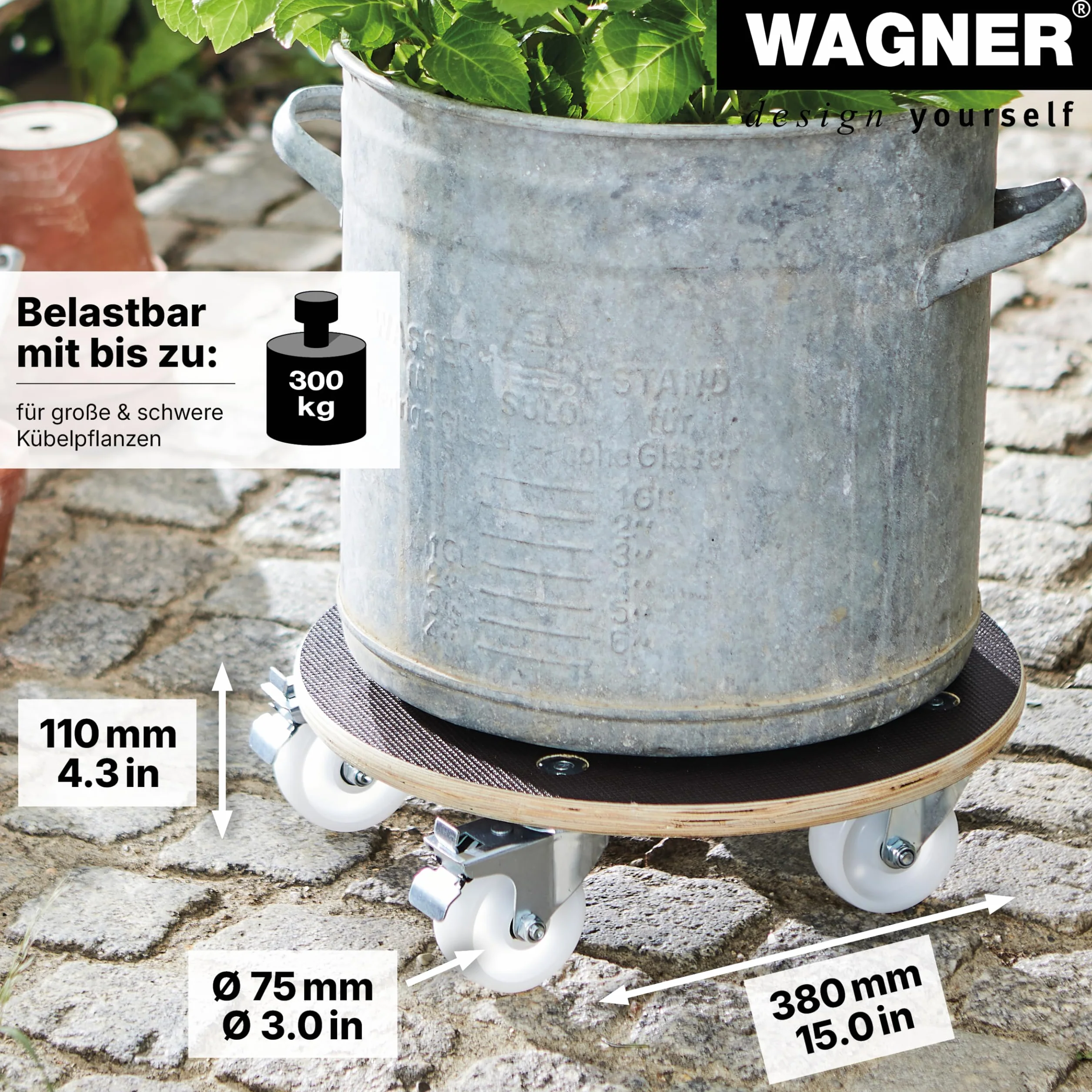 Wagner Wałek do roślin Maxigrip Ø 38 x 11 cm, do użytku na zewnątrz i wewnątrz, wózek transportowy z drewna warstwowego FSC®, 2 całkowite stojaki, nośność 300 kg, wyprodukowano w DE - 20110701