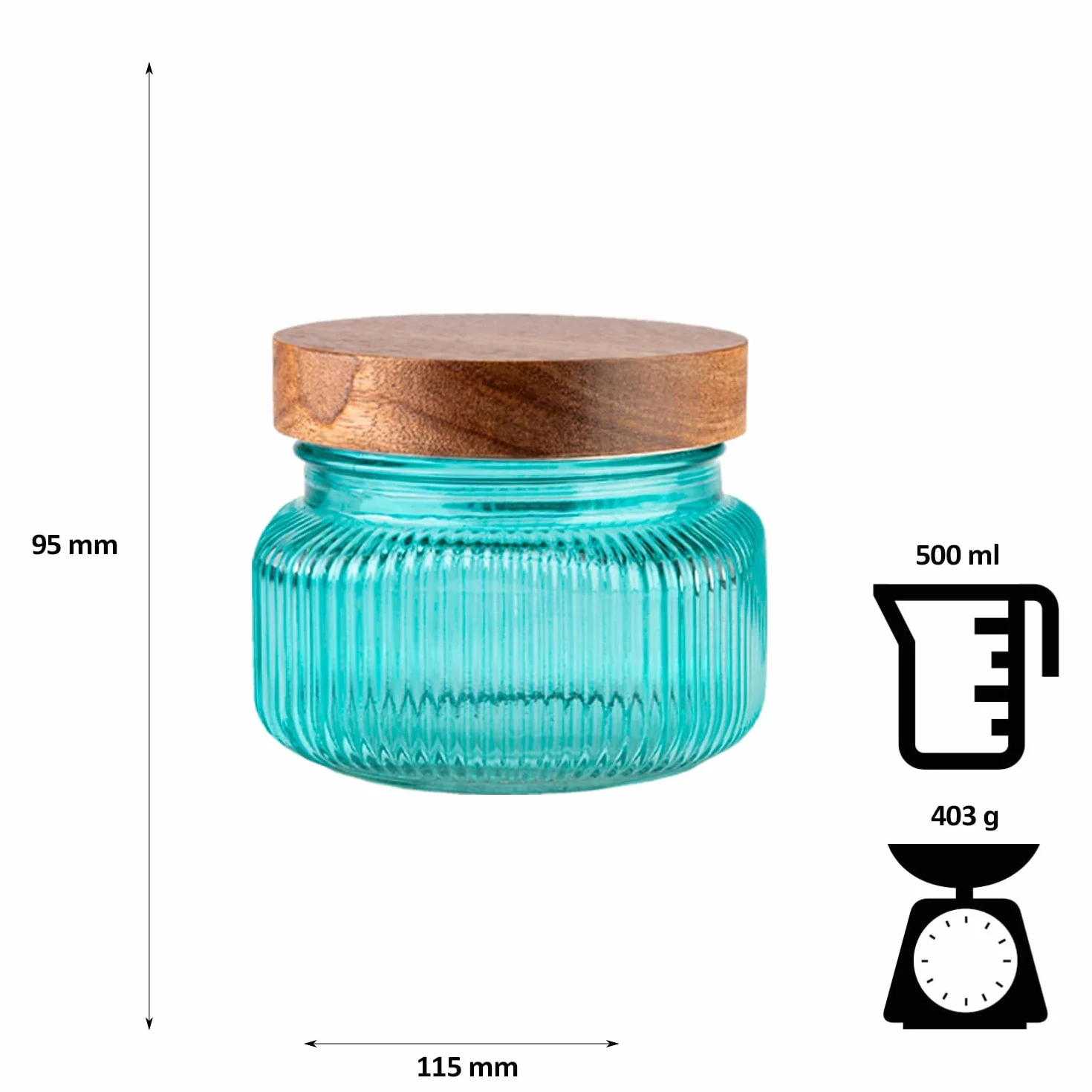 Pojemniki na zapasy ze szkła, zestaw 500 ml, 1000 ml, 2000 ml, 3000 ml, 4 słoiki żebrowane z drewnianymi pokrywkami, dekoracyjne szklane pojemniki na przyprawy, zioła, słodycze, turkusowe