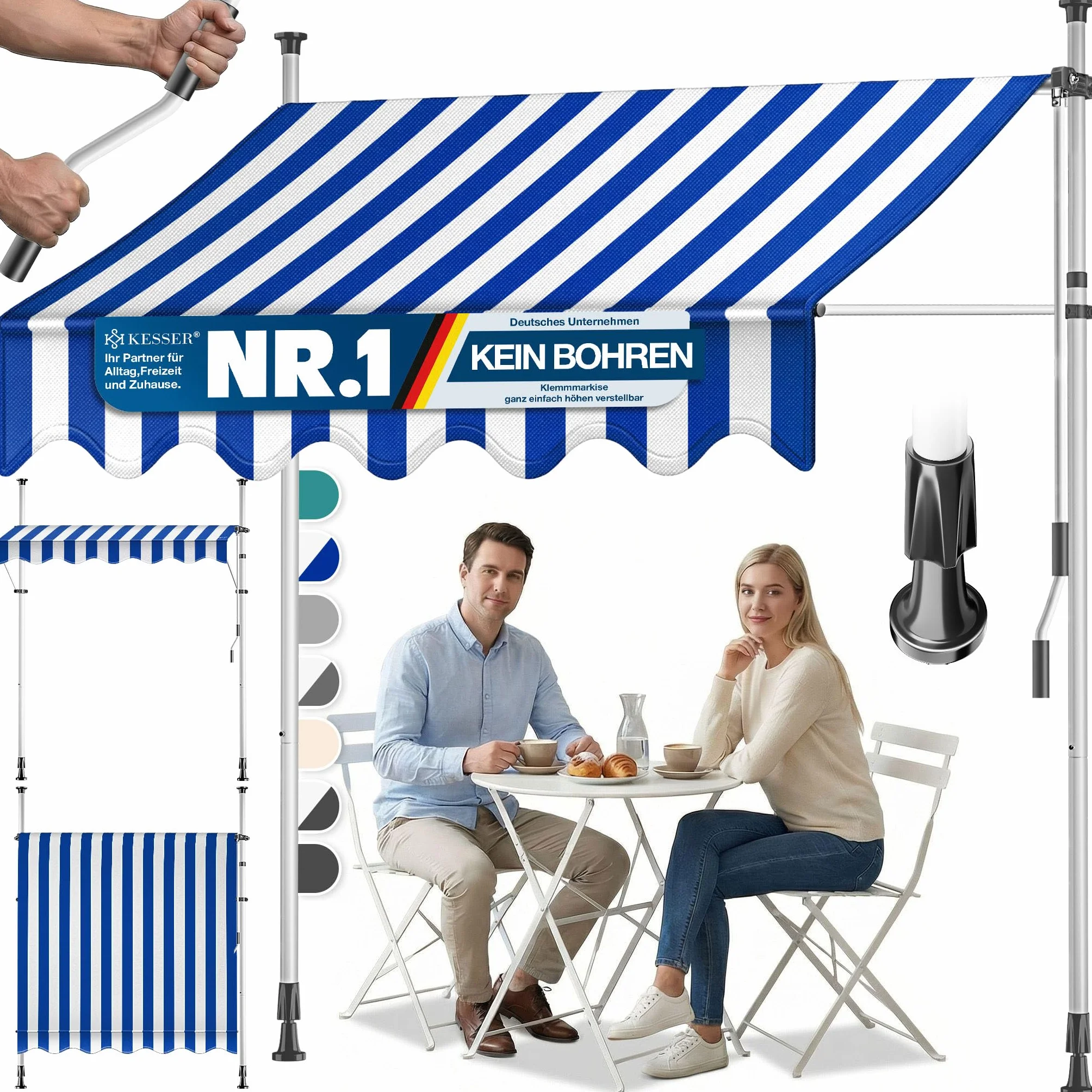 KESSER® Markiza zaciskowa z korbą ręczną, balkonowa, bez wiercenia, odporna na działanie promieni UV, odporna na działanie wody, ochrona przed słońcem, zadaszenie tarasu, łatwy montaż, 250 cm