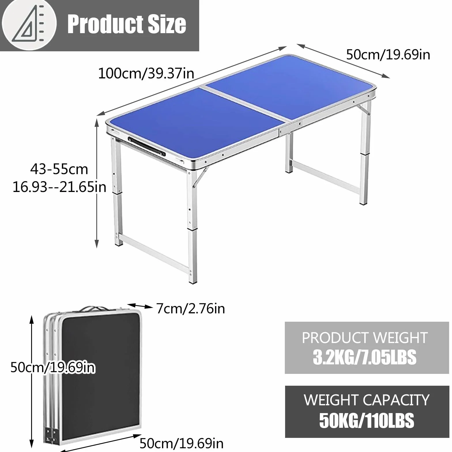Aluminiowy składany stół o regulowanej wysokości, przenośny stół kempingowy z uchwytem, idealny na imprezę biurową, piknik, ślub (100 x 50 cm, niebieski)