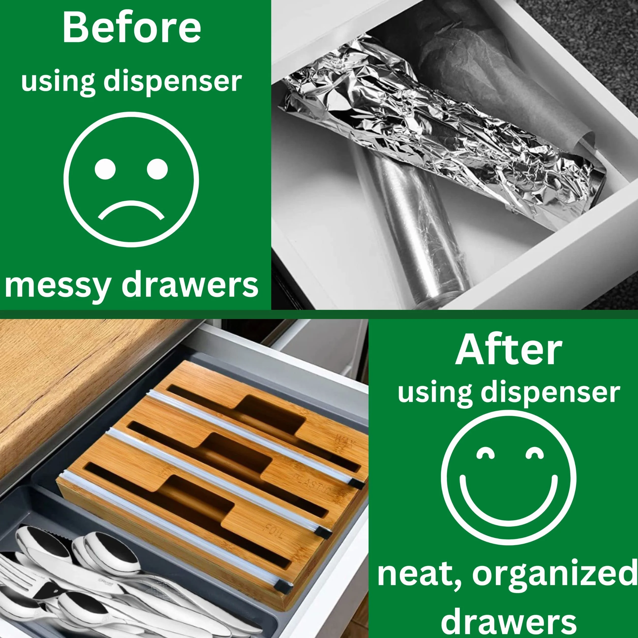 Dozownik folii i folii 3 w 1, folia aluminiowa, papier woskowy, dozownik do folii z tworzywa sztucznego z nożem i grawerowanymi etykietami, naturalny bambusowy organizer i uchwyt kuchenny -