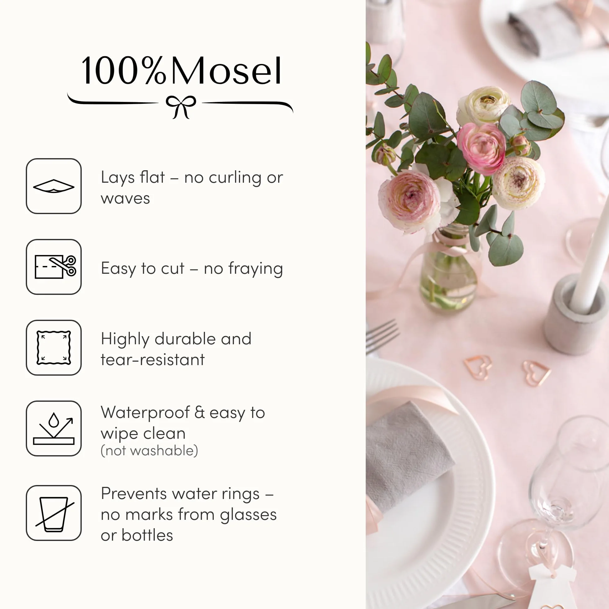 100%Mosel Bieżnik stołowy z włókniny, w kolorze Blush Rosé (30 cm x 25 m), dekoracyjna wstążka stołowa, elegancka dekoracja stołu na urodziny i wesela, kolorowa dekoracja na specjalne okazje