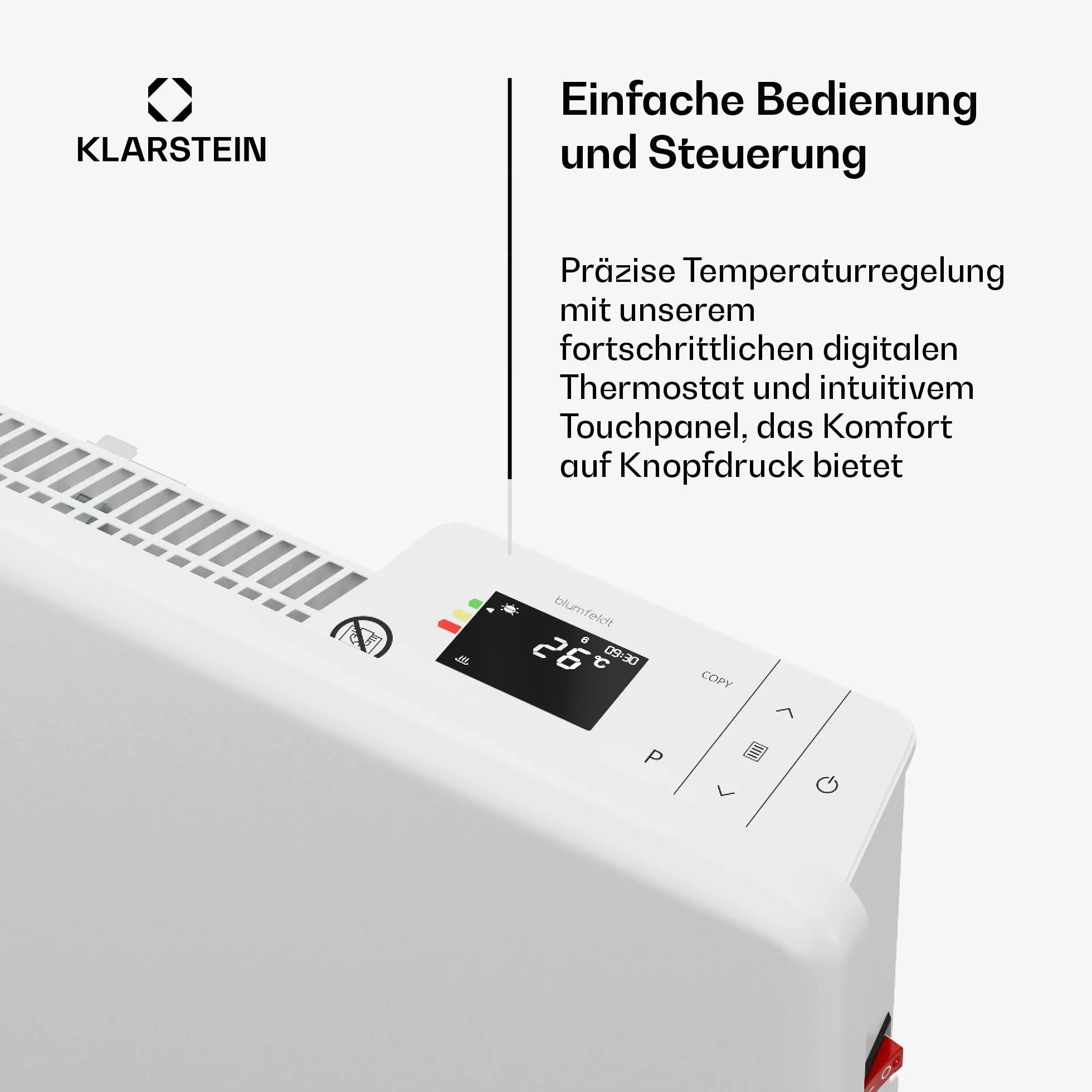 Blumfeldt Grzejnik konwektorowy ThermaTouch marki, ogrzewanie elektryczne 2000W, precyzyjny termostat, timer 24h, IP24, zabezpieczenie przed przegrzaniem, montaż