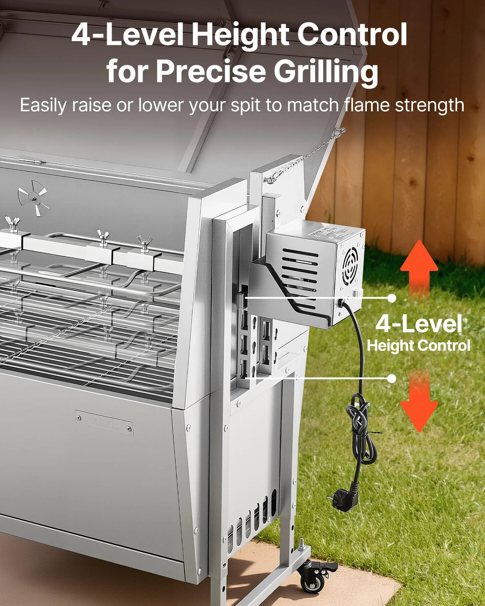 VEVOR Grill do rożna, 117 cm, grill na zewnątrz dla świni i jagnięciny, palarnia na węgiel drzewny o pojemności 59 kg, kółka i 4-poziomowa wysokość, zestaw do grillowania rożna ze stali nierdzewnej
