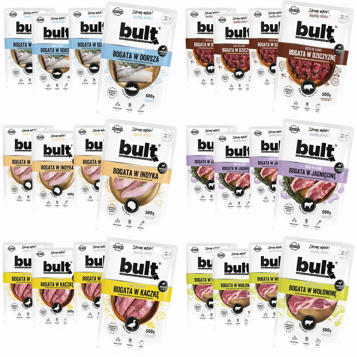 BULT, Mokra Karma dla Psa, Mix Smaków (Dorsz, Dziczyzna, Indyk, Jagnięcina, Kaczka, Wołowina), 500g x 20 Saszetki, Pełnoporcjowa, Dla Dorosłych Psów