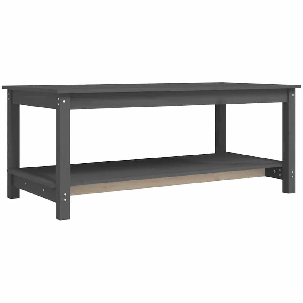 Générique Stolik kawowy z litego drewna sosna szary 110x55x45 cm | Dwupoziomowa konstrukcja, otwarta półka, stabilna rama, uniwersalne zastosowanie w salonie