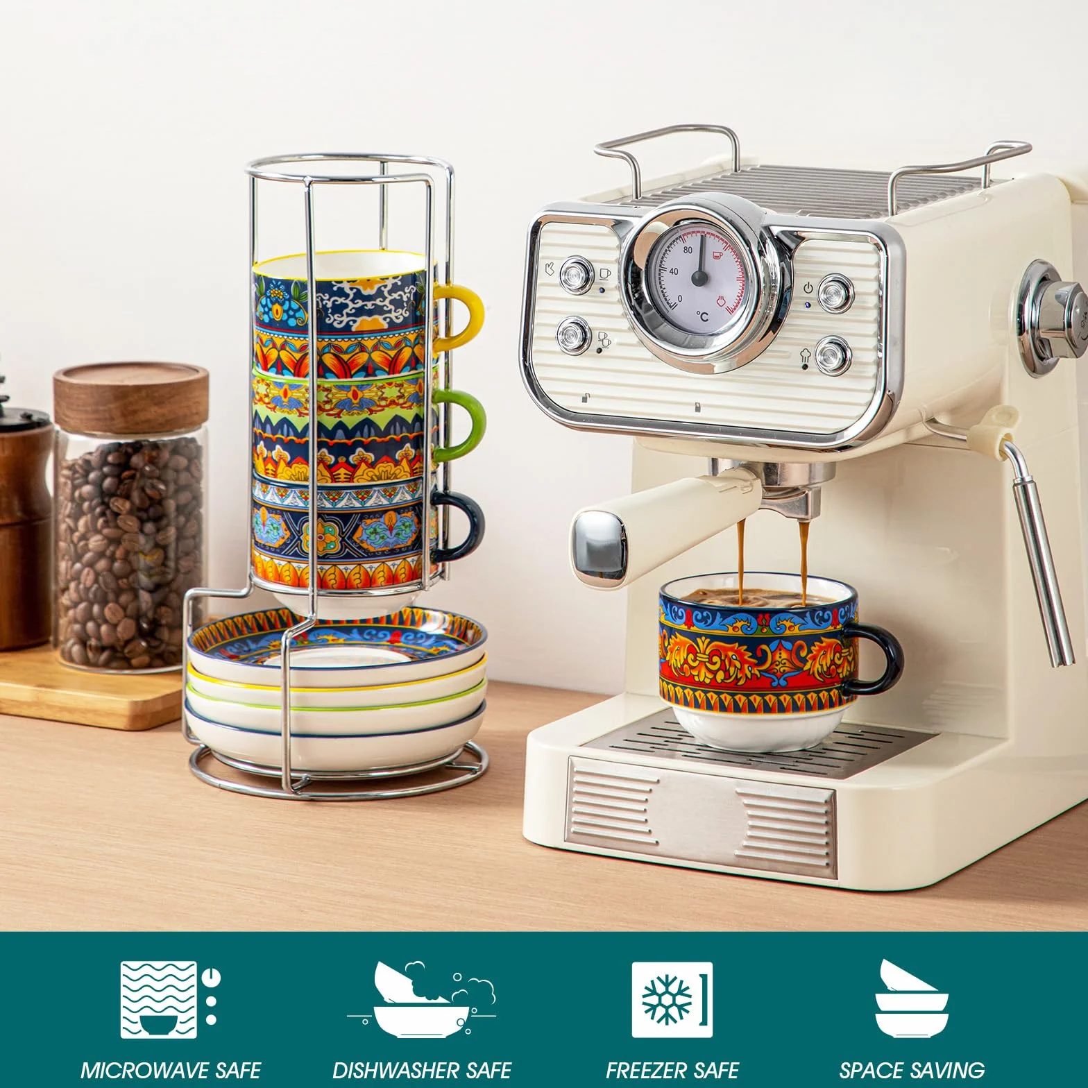 vancasso Zestaw 4 filiżanek do kawy, 270 ml, filiżanki ze spodkami i metalowym stojakiem, układane, grubościenna porcelana, zmywalne w zmywarce – seria KRVI, idealne do latte, cappuccino i herbaty