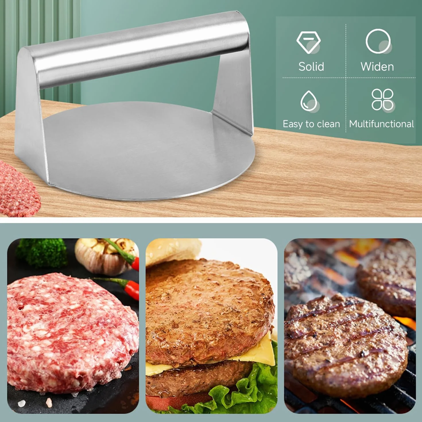 1 x prasa do hamburgerów, 1 x metalowe płótno, okrągła prasa do hamburgerów, prasa tortilla ze stali nierdzewnej, przybory kuchenne
