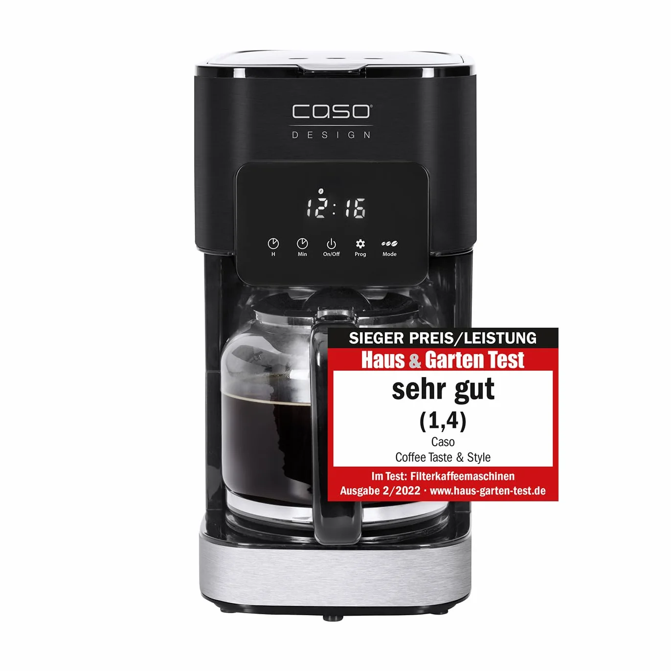 CASO Coffee Taste and Style ekspres do kawy z filtrem stałym, 1,5 l, optymalna temperatura zaparzania 92-96 °C, blokada kapania, zoptymalizowana głowica parzenia, stal nierdzewna, 12 filiżanek