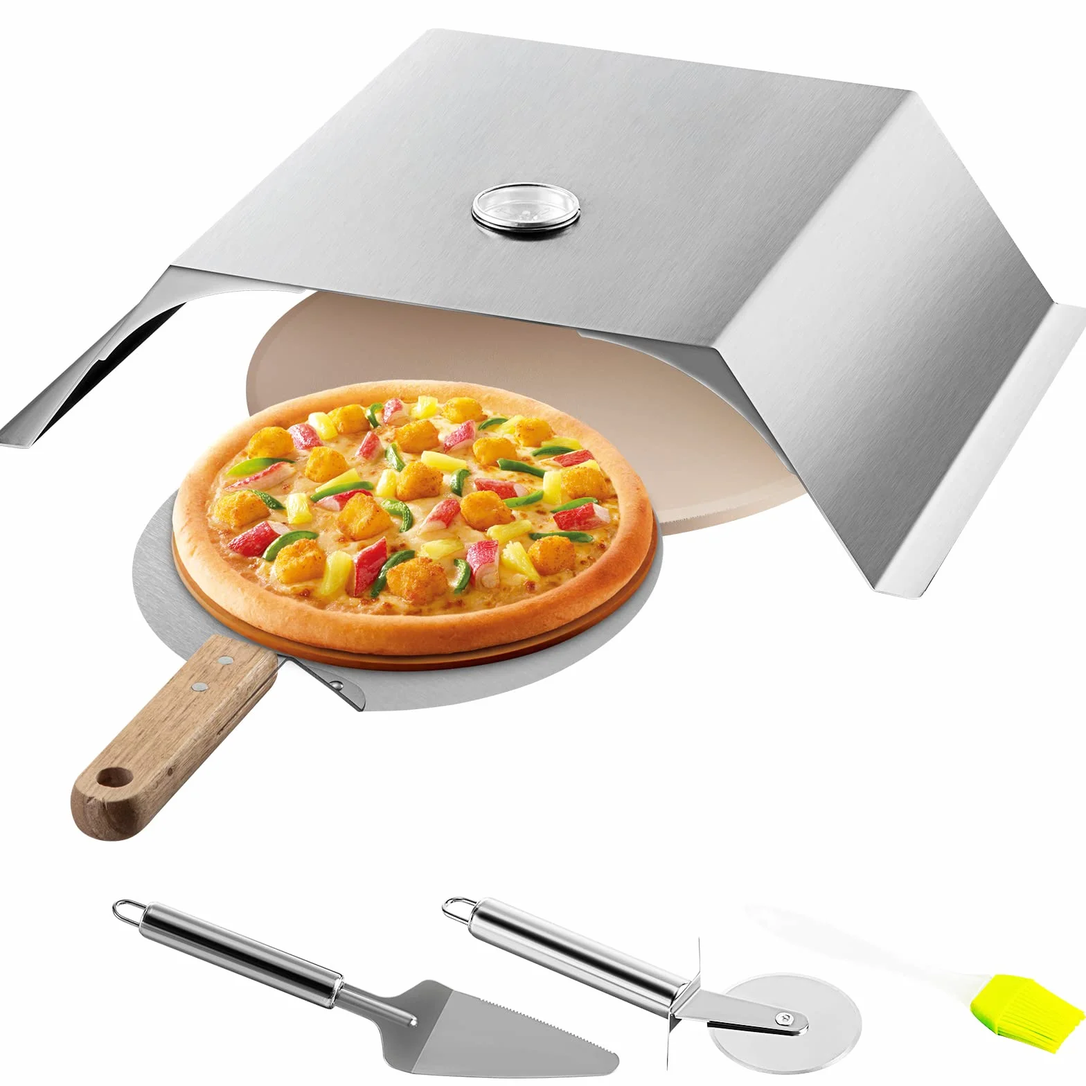 VEVOR Zestaw pieca do pizzy, grill ze stali nierdzewnej, zestaw do robienia pizzy do większości grillów węglowych 56 cm, zestaw pieca do pizzy zawierający komorę do pizzy, okrągły kamień do pizzy 33