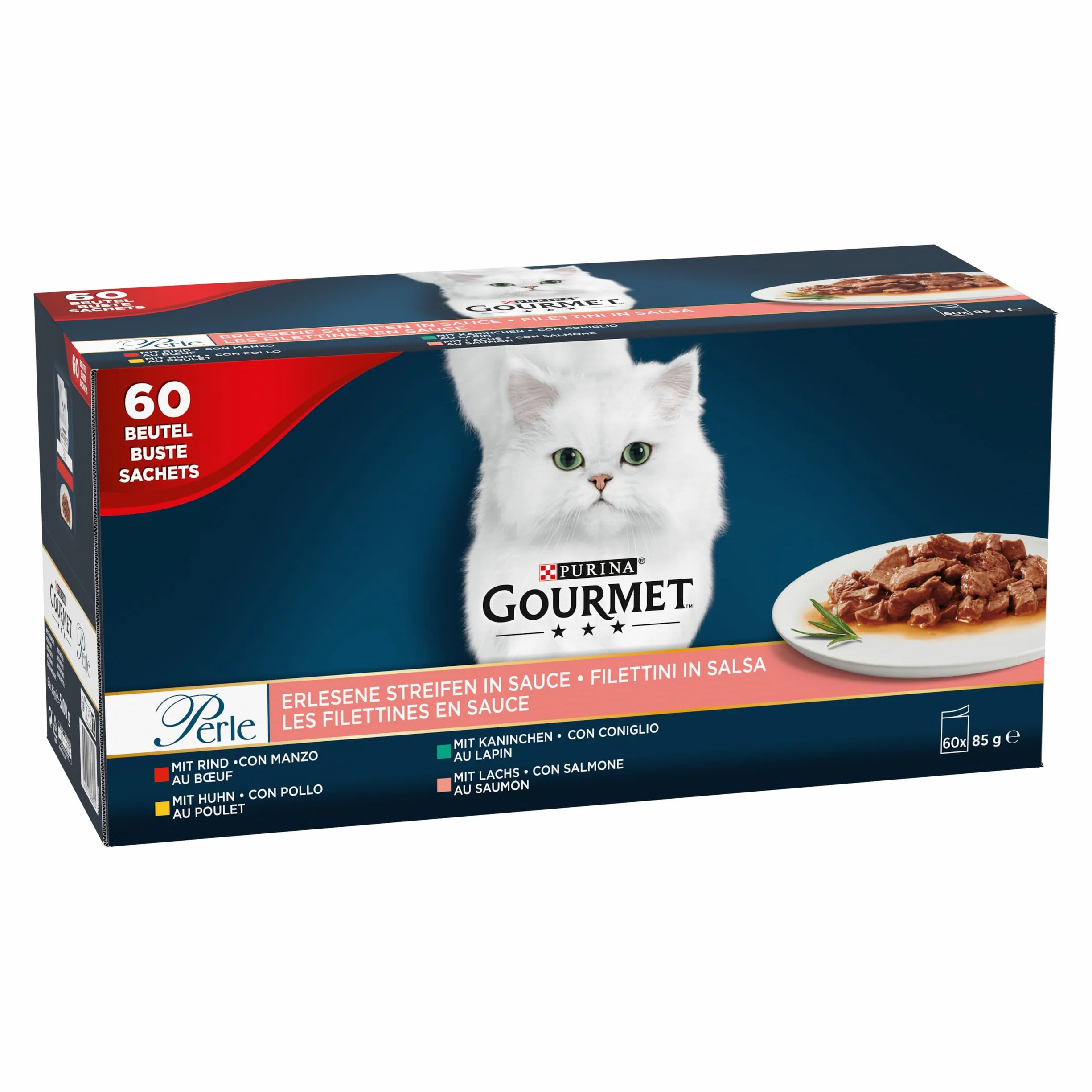 GOURMET PERLE | Karma mokra dla dorosłych kotów | Mini fileciki w sosie z Kurczakiem, Wołowiną, Łososiem i Królikiem | 60x85g
