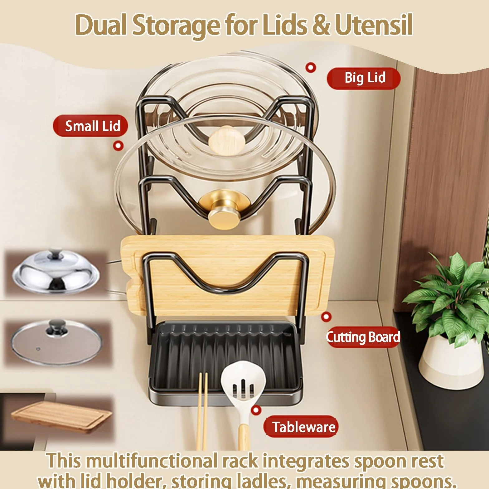 Kitchen Pot Lid Storage Rack, Pot Lid Holder with Tray, with U-Shaped Slots Organizer Rack, Multifunctional Holder while Cooking, Support Cast-Iron Stainless-Steel&Glass Lids(B-White)