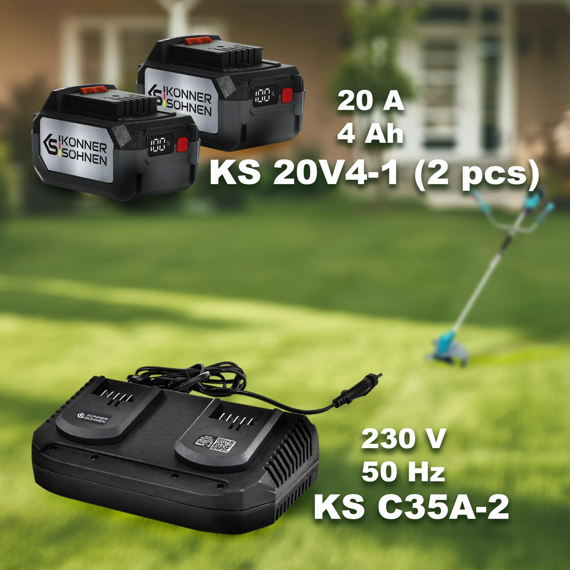 K&S Könner&Söhnen Zestaw Akku-Rasentrimmer KS BCT-40V, Nennspannung 40 (20+20), Messer 3 Zähne, Schnittdicke 2 mm, + Ladegerät für Li-Ion Akku KS C35A-2 + Li-Ion Akku 20V KS 20V4-1 (2 szt. )),Akku