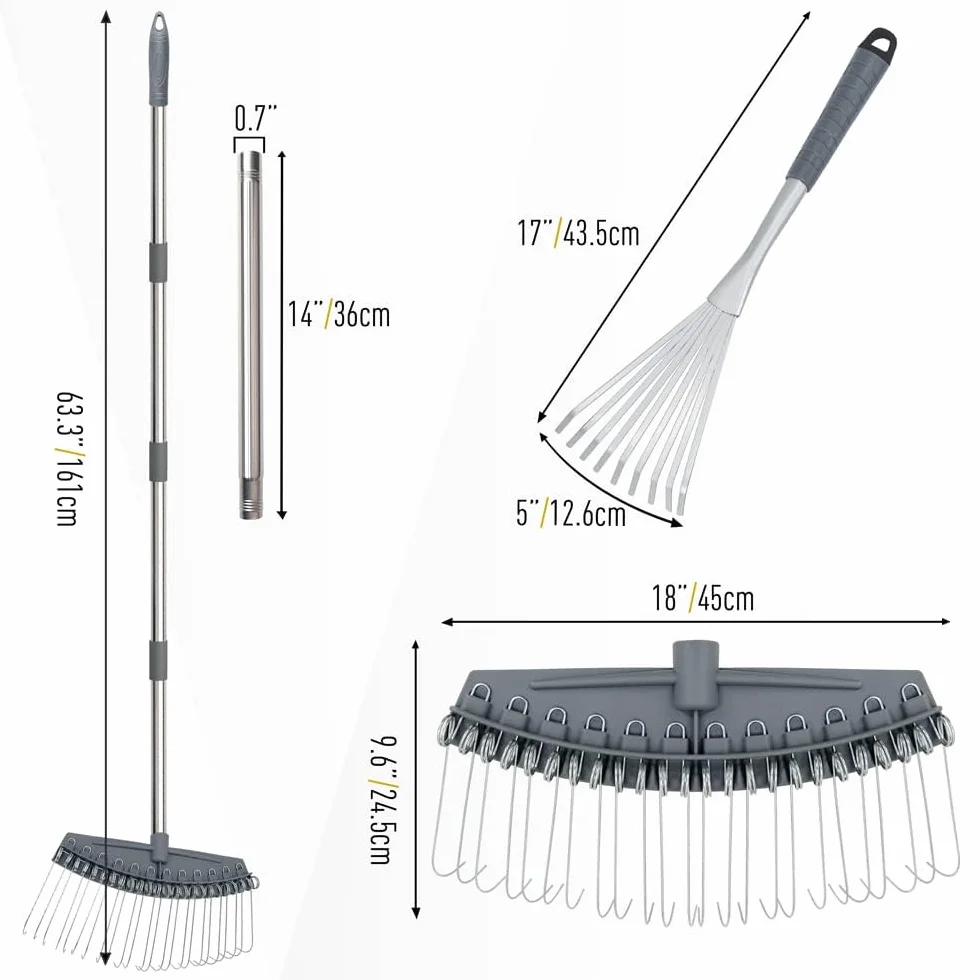Grabie Ogrodowe Regulowane 63-160 cm i Ręczne 43 cm - Do Liści, Trawy, Siana, Żwiru - Odpowiednie Do Ogrodu
