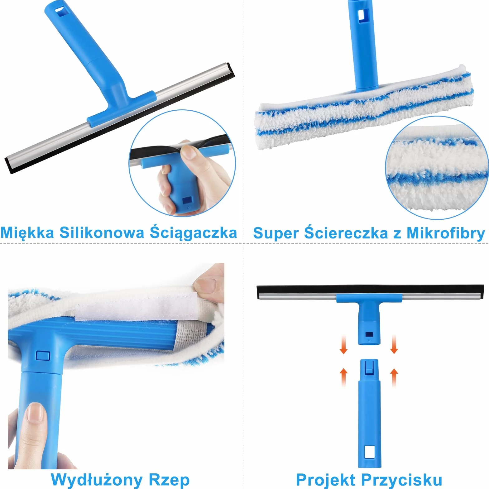Mitclear Profesjonalny Zestaw do Czyszczenia Okien z Długim Uchwytem(145cm) - Silikonową Ściągaczka i Ściereczki do Okien z Mikrofibry(30cm) do Szklanych Drzwi Prysznicowych, Luster i Samochodów