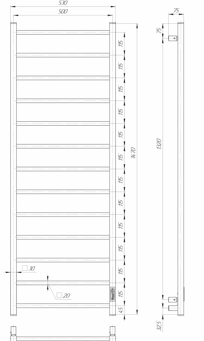 Elna Design grzejnik na ręczniki, czarny, 288 W, 1470 x 530 mm, elektryczny z timerem i termostatem, matowe wzornictwo, stal nierdzewna, IP44, do hotelu i luksusowej łazienki, montaż ścienny