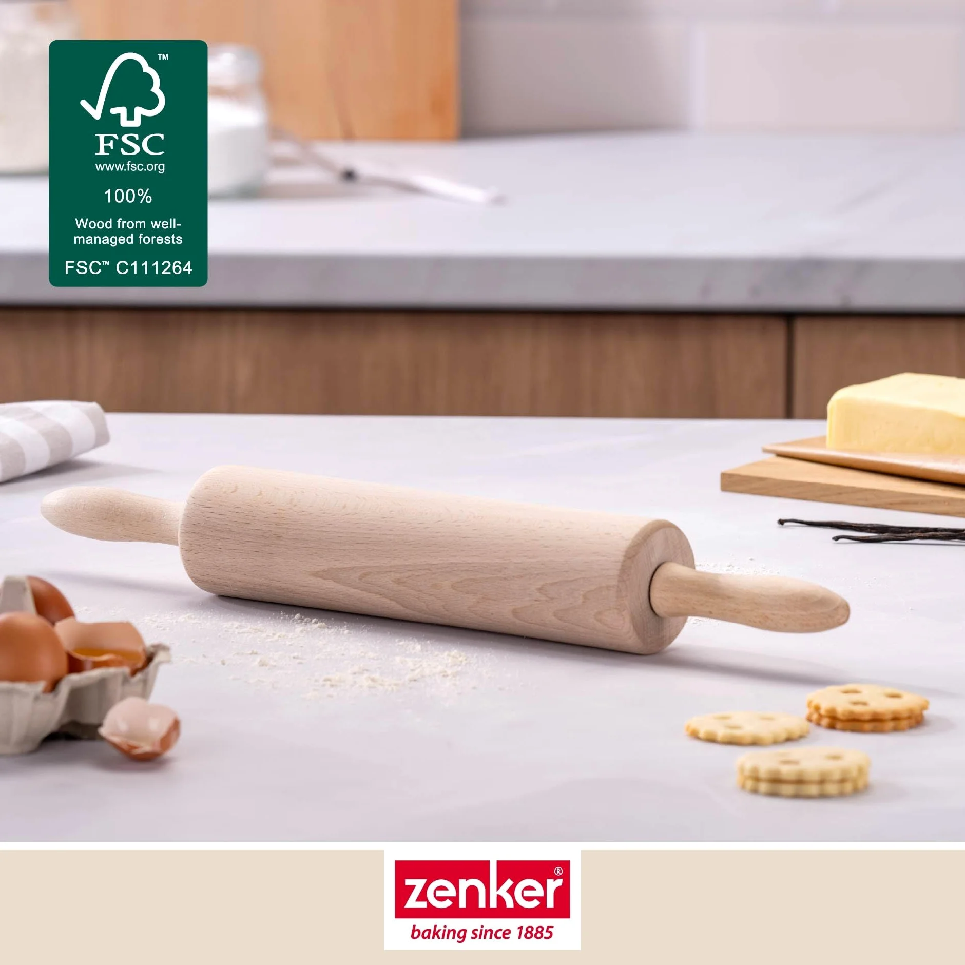 Zenker Wałek do Ciasta Patisserie, Wałek do Makaronu Jako Akcesoria do Pieczenia, Wałek do Pieczenia z Drewna z Łożyskiem Kulkowym (Kolor: Brązowy), Ilość: 1 Sztuka