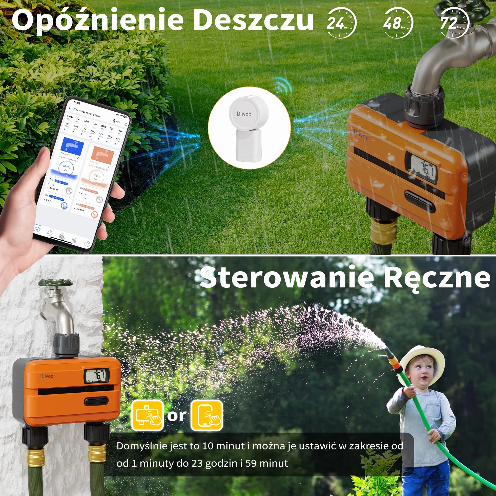 Diivoo 2-drożny timer nawadniania WiFi, miernik przepływu wody, inteligentny komputer nawadniający z aplikacją i 8 programami nawadniającymi, kontroler automatycznego nawadniania ogrodu