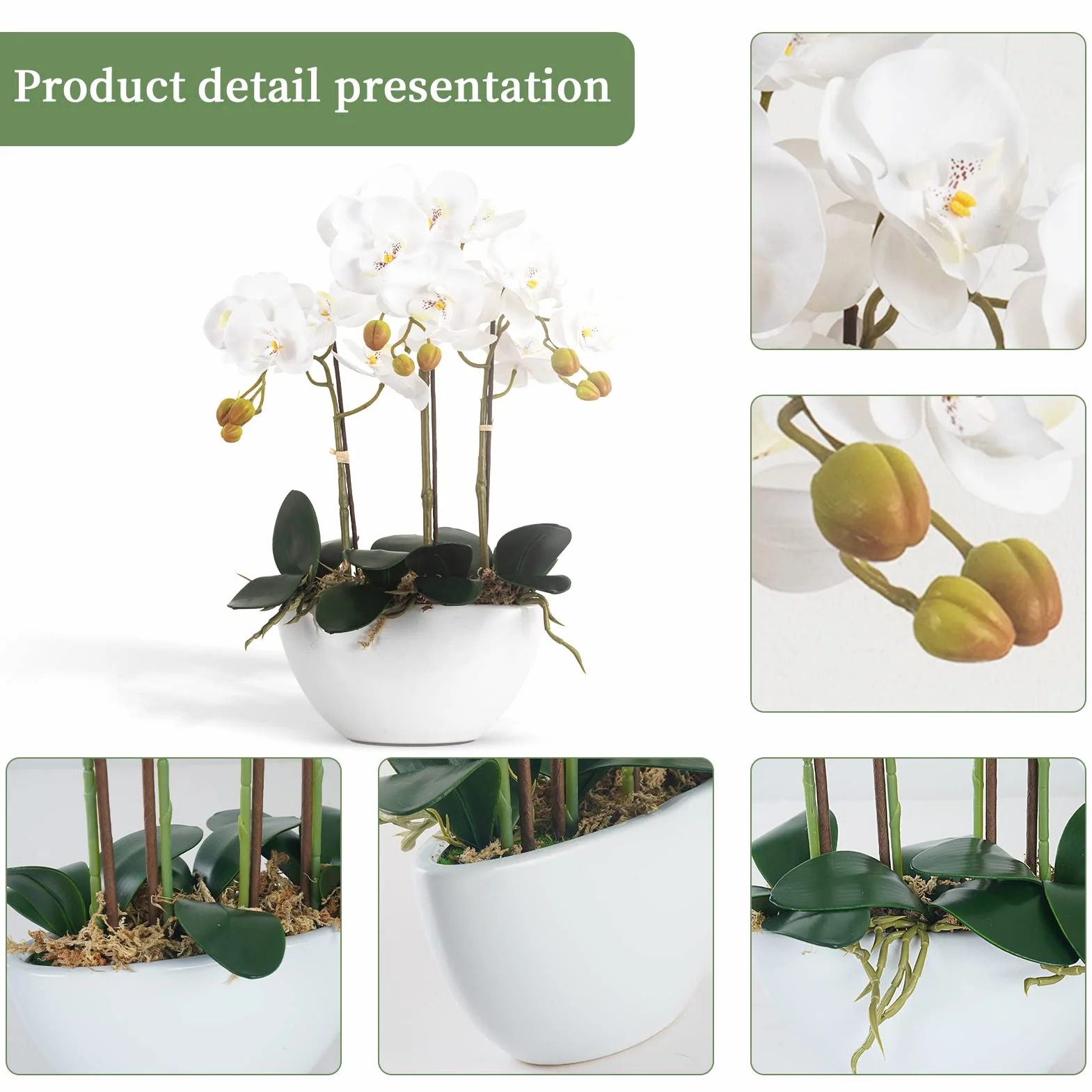 Ziwon Sztuczne kwiaty orchidei doniczkowe w ceramicznej doniczce, białe sztuczne storczyki Phalaenopsis na centralny element stołu, realistyczny sztuczny kwiat w wazonie do domu, biura, dekoracja