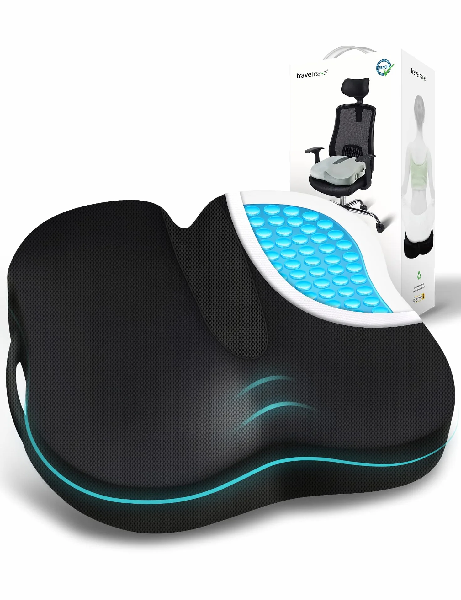Travel Ease Ergonomiczna Poduszka na Siedzenie, Premia Podkładka z Pianki Żelowej z Pamięcią, Komfort przy Długim Siedzeniu, Podpórka Biodrowa do Krzesła Biurowego, Fotela Samochodowego (Czarny)