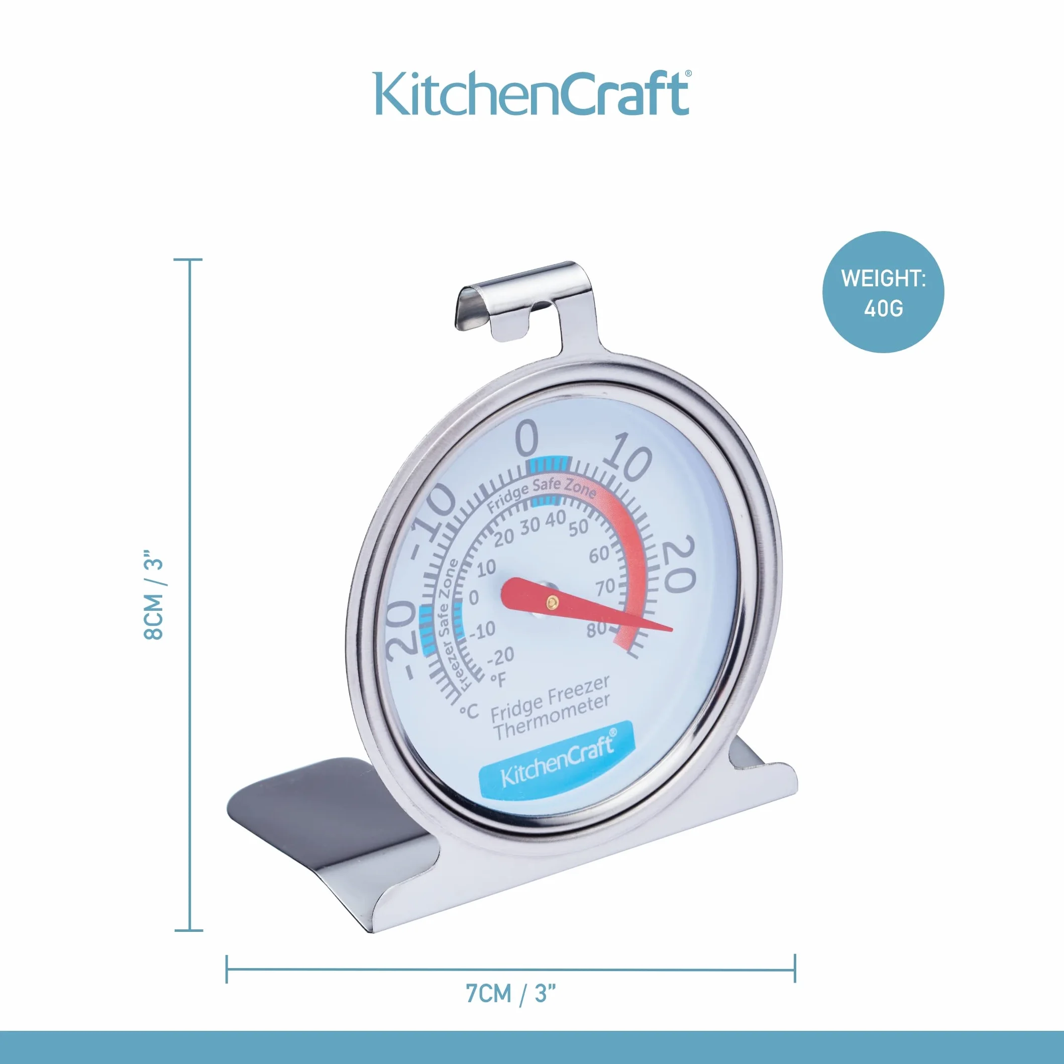 KitchenCraft Termometr do lodówki i zamrażarki z minimalnym przewodnikiem temperatury, przezroczysta tarcza, stal nierdzewna, srebrny