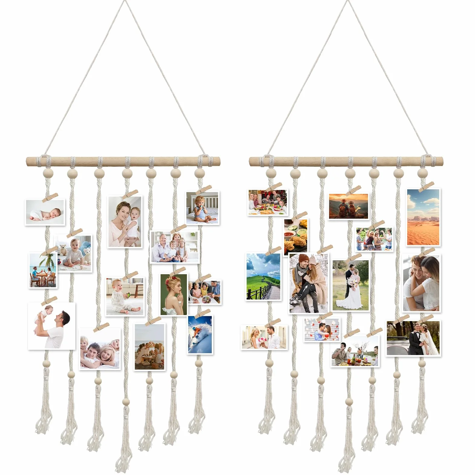 2 sztuki fototapety z klamrami, makata na zdjęcia z klamerkami i linką, zasłona fotograficzna w stylu boho, ściana z obrazami "zrób to sam" z 30 drewnianymi klipsami i 2 gwoździami bez śladów
