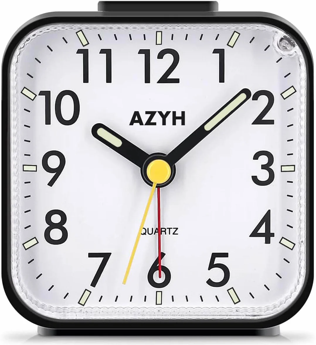 Azyh Analogowy budzik bez tykania, ze światłem, zasilany bateriami, głośny alarm, funkcja drzemki, cichy, świecący, przenośny, cichy, mały budzik podróżny dla osób głęboko śpiących