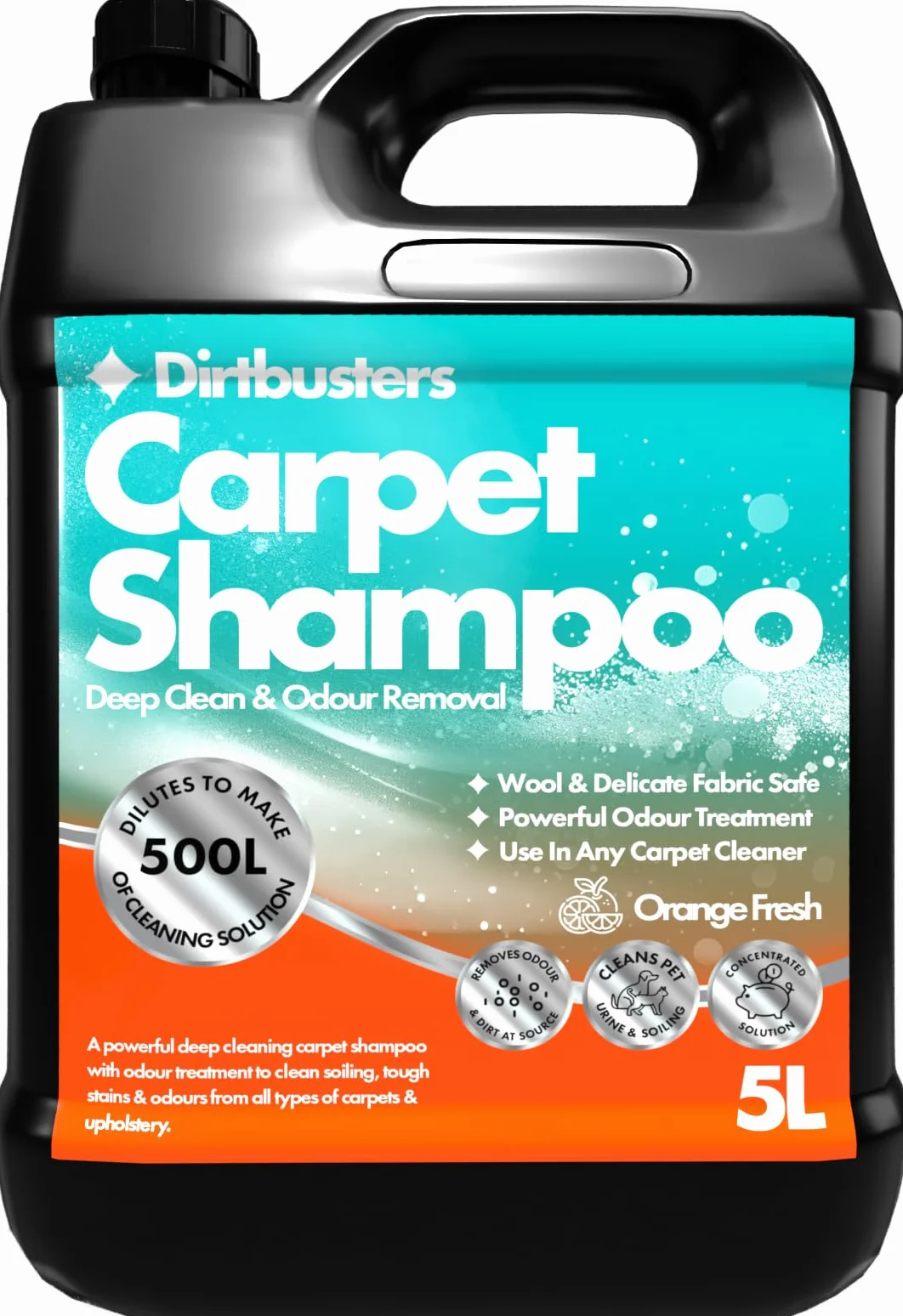 Dirtbusters Szampon do czyszczenia dywanów (5 l), czyste i dezodoryzujące plamy, usuwanie zapachów, pomarańczowy świeży