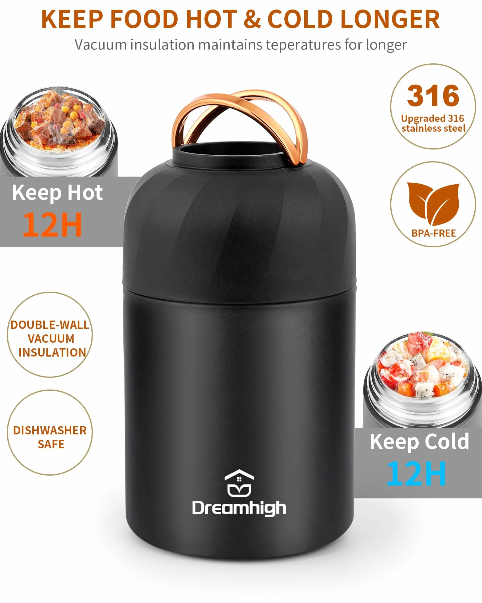 Dreamhigh® Pojemnik termiczny na żywność, 850 ml, ze stali nierdzewnej, z uchwytem, termos do jedzenia, szczelny, w zestawie łyżka, 12 godzin gorąca, zimno przez 12 godzin (czarny)
